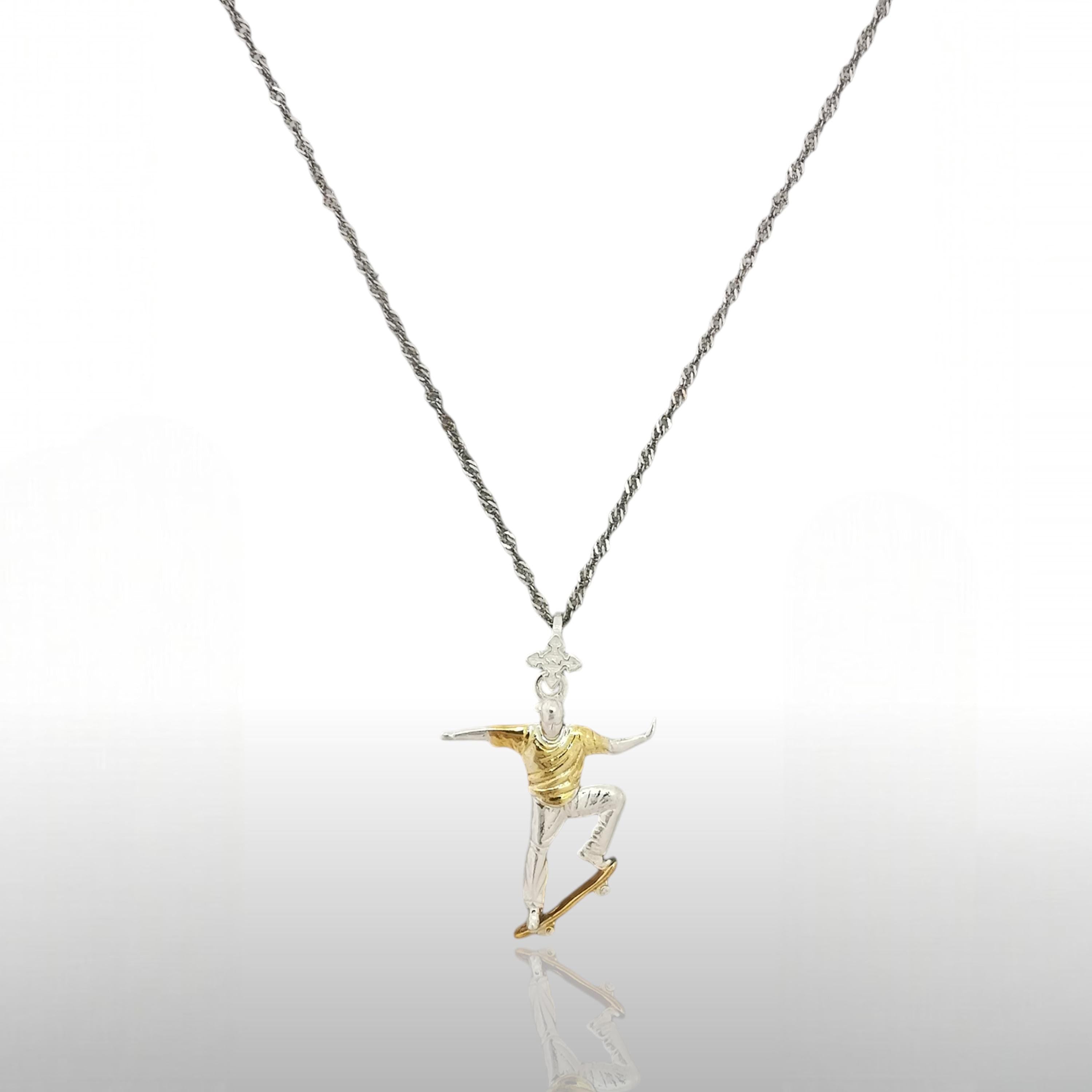 Skateboard Pendant for Men 925 Silver Jewelry Gold Detail Handcrafted Urban Style Gift for Skaters, Athletes & Street Culture Fans Necklace