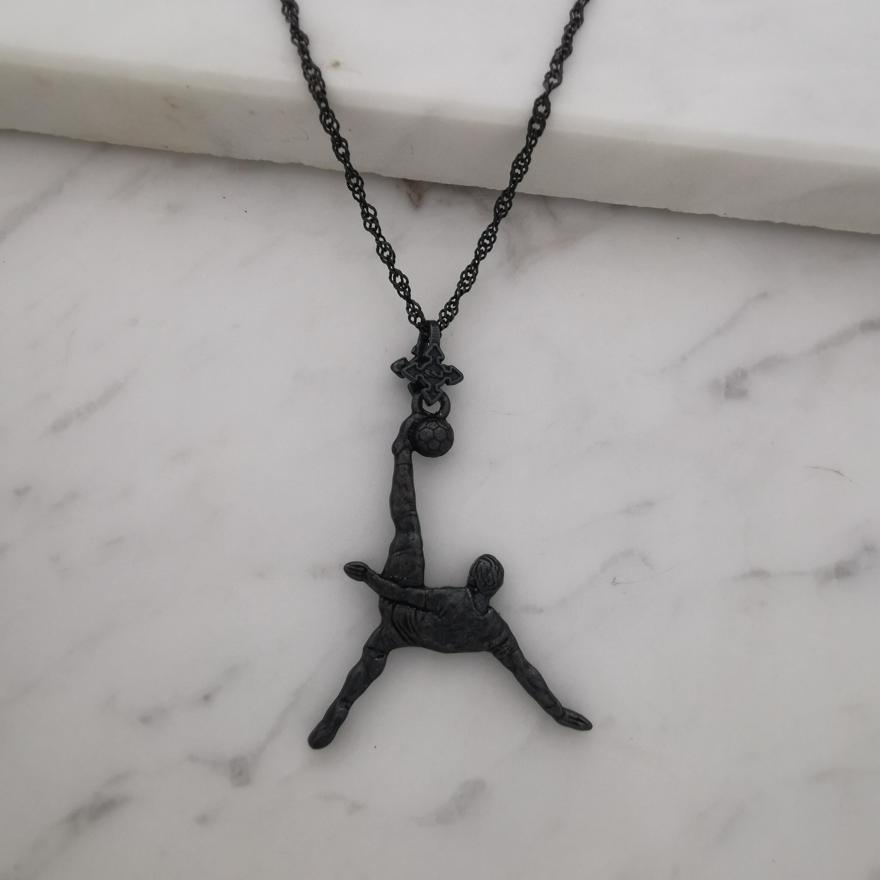 Football (Soccer) Jewelry Pendant for Men – Oxidized Black 925 Silver Gift – Bicycle Kick Sport Charm – Necklace