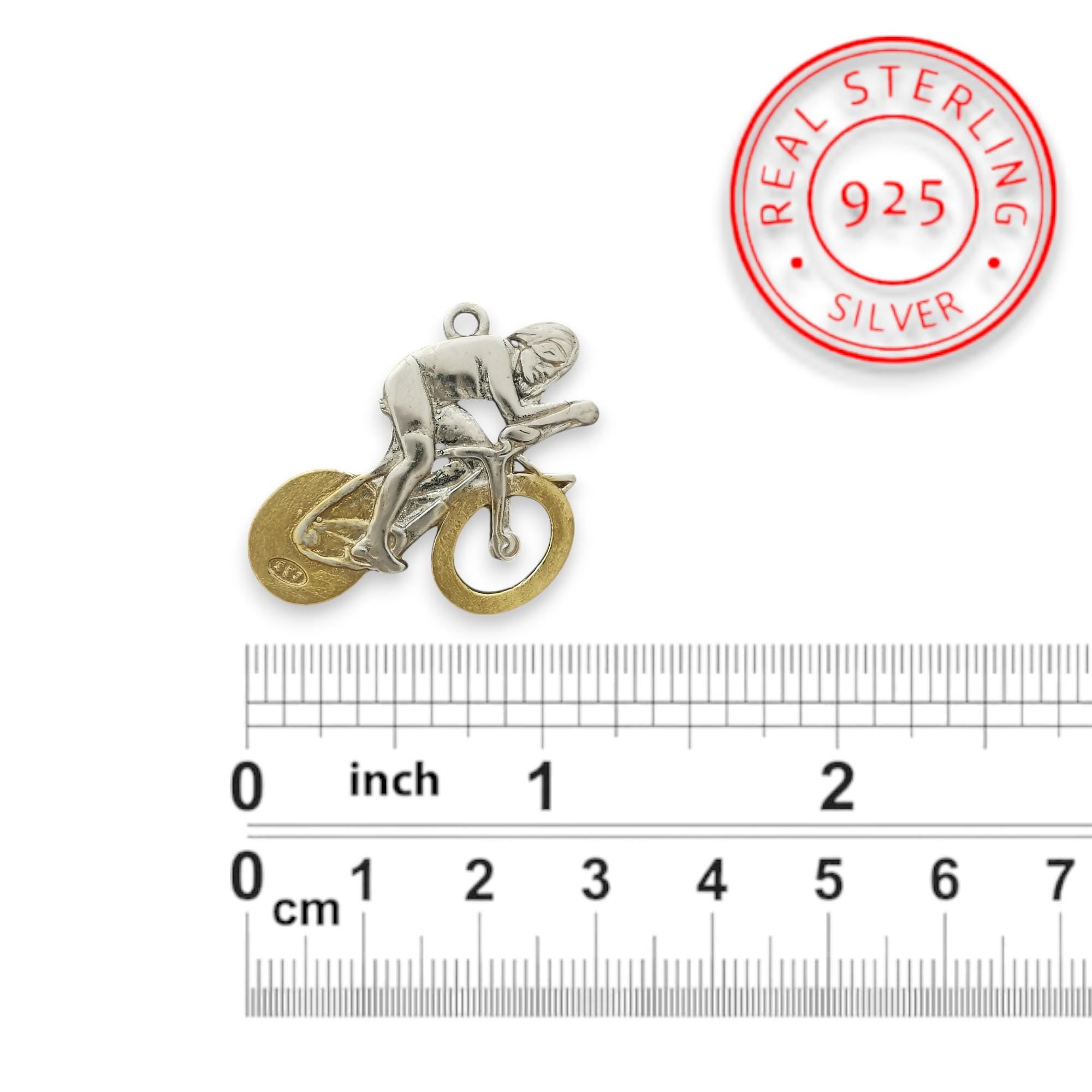 Cycling Jewelry Pendant for Men – Silver with Partial Gold Plating 925 Gift – Sports Accessory for Road Racers and Cyclists – Necklace