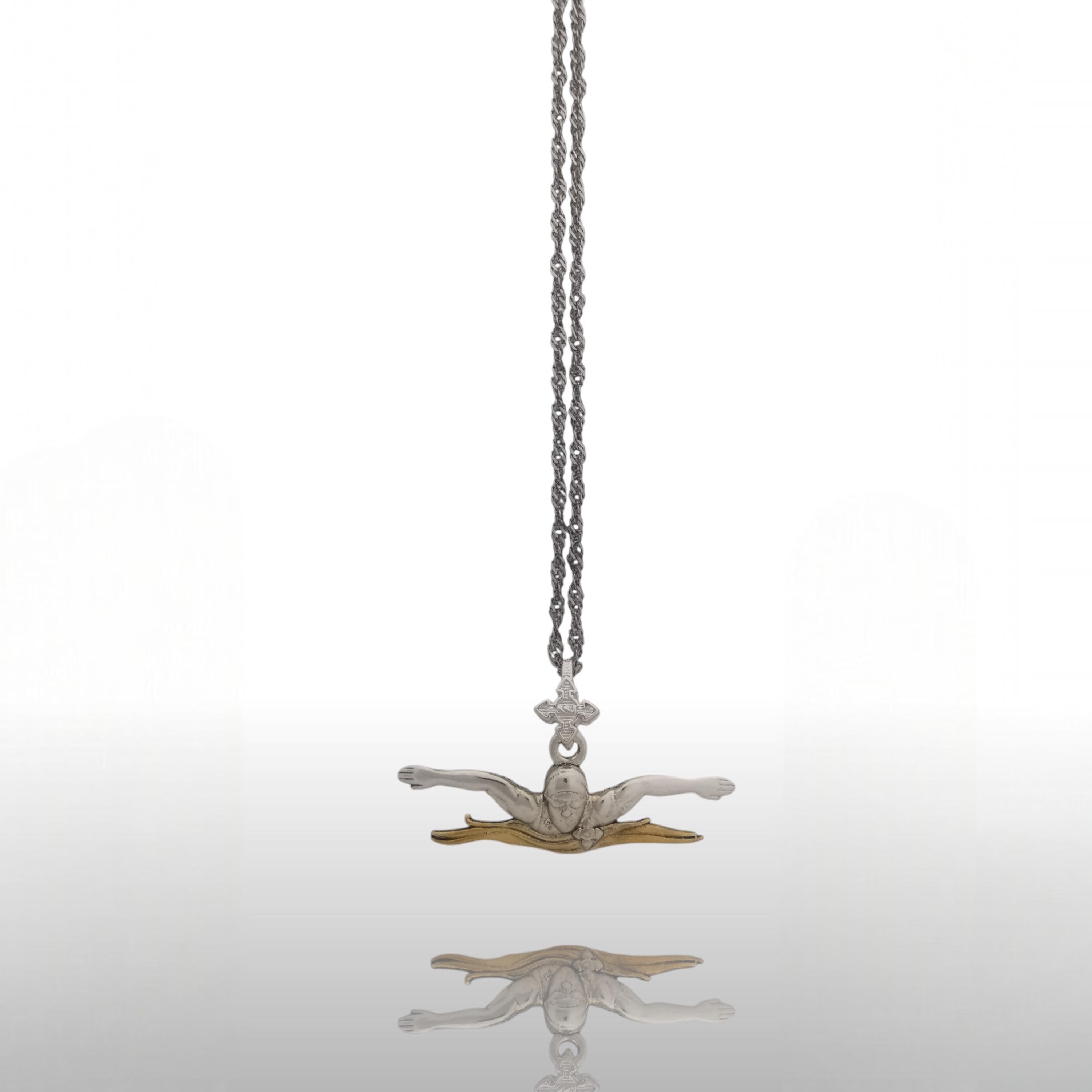 Swimming Jewelry Pendant for Men and Teen Boys – Two-Tone 925 Silver with Gold Detail Gift, Sports Accessory for Butterfly Swimmers Necklace