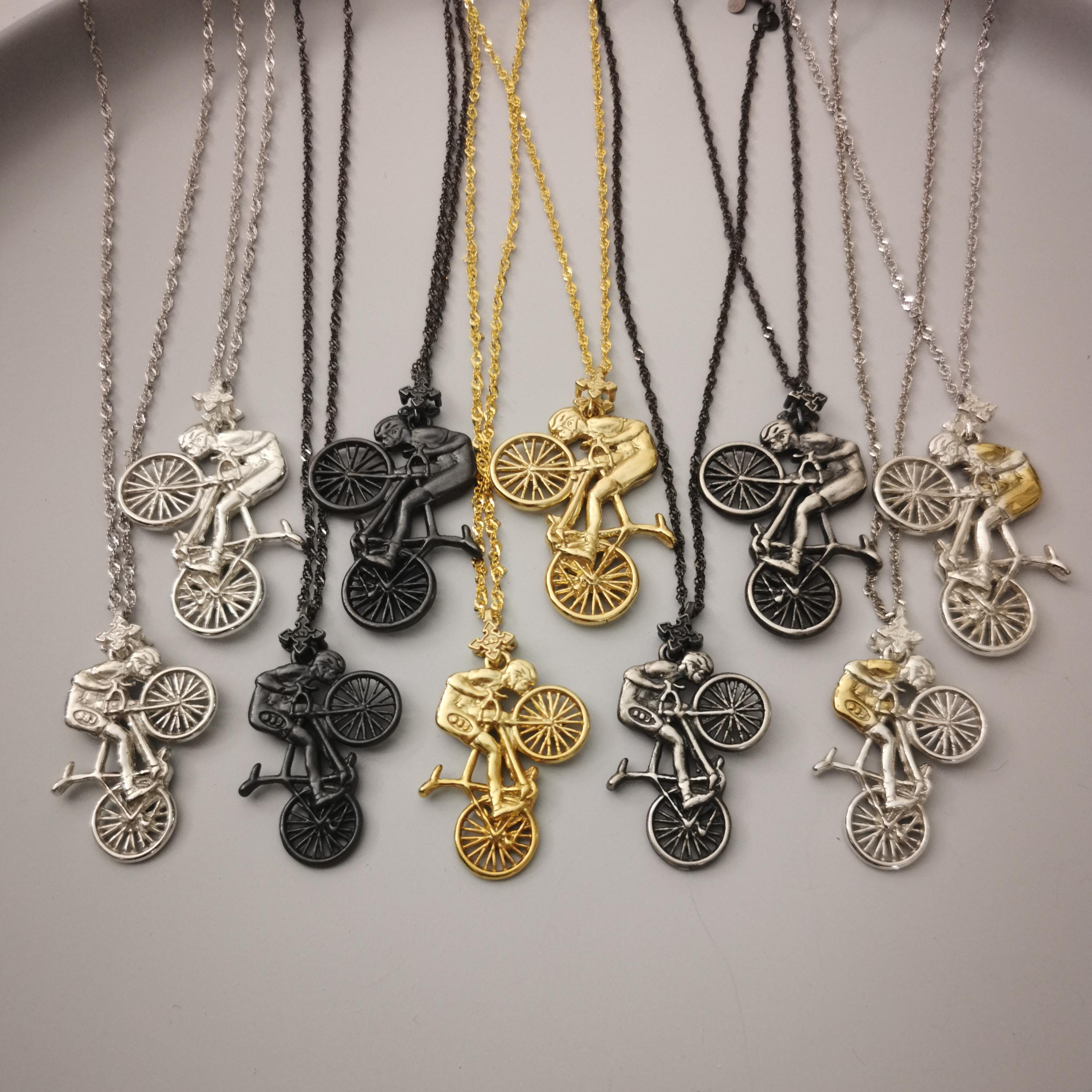 Cycling Jewelry Pendant for Men – 925 Silver with Partial Gold Plating – Elegant Sports Necklace for Cyclists and Bike Riders – Necklace