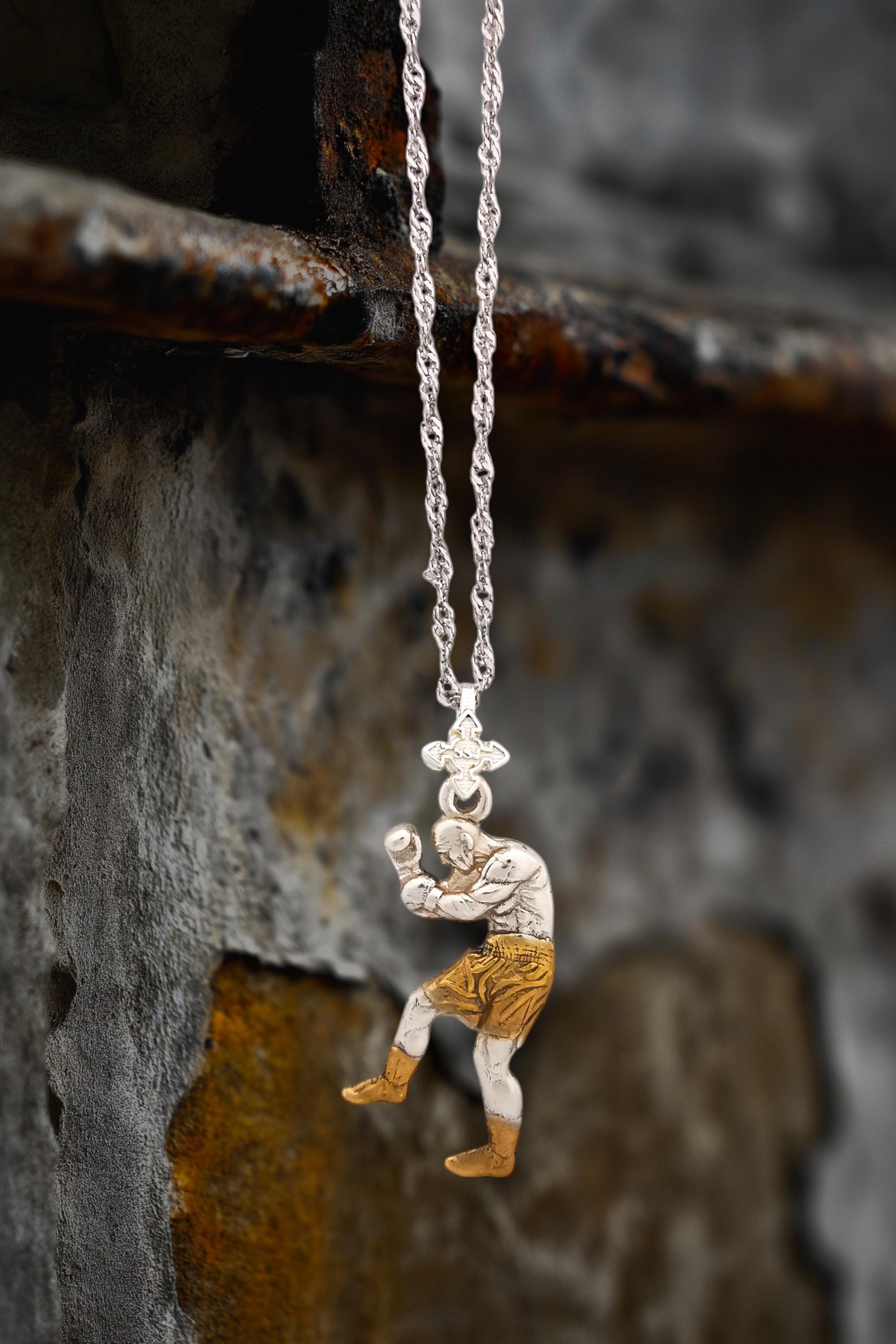 Boxing Jewelry Pendant for Men – 925 Silver with Partial Gold Plating – Handcrafted Sports Gift for Birthday or Father’s Day – Necklace