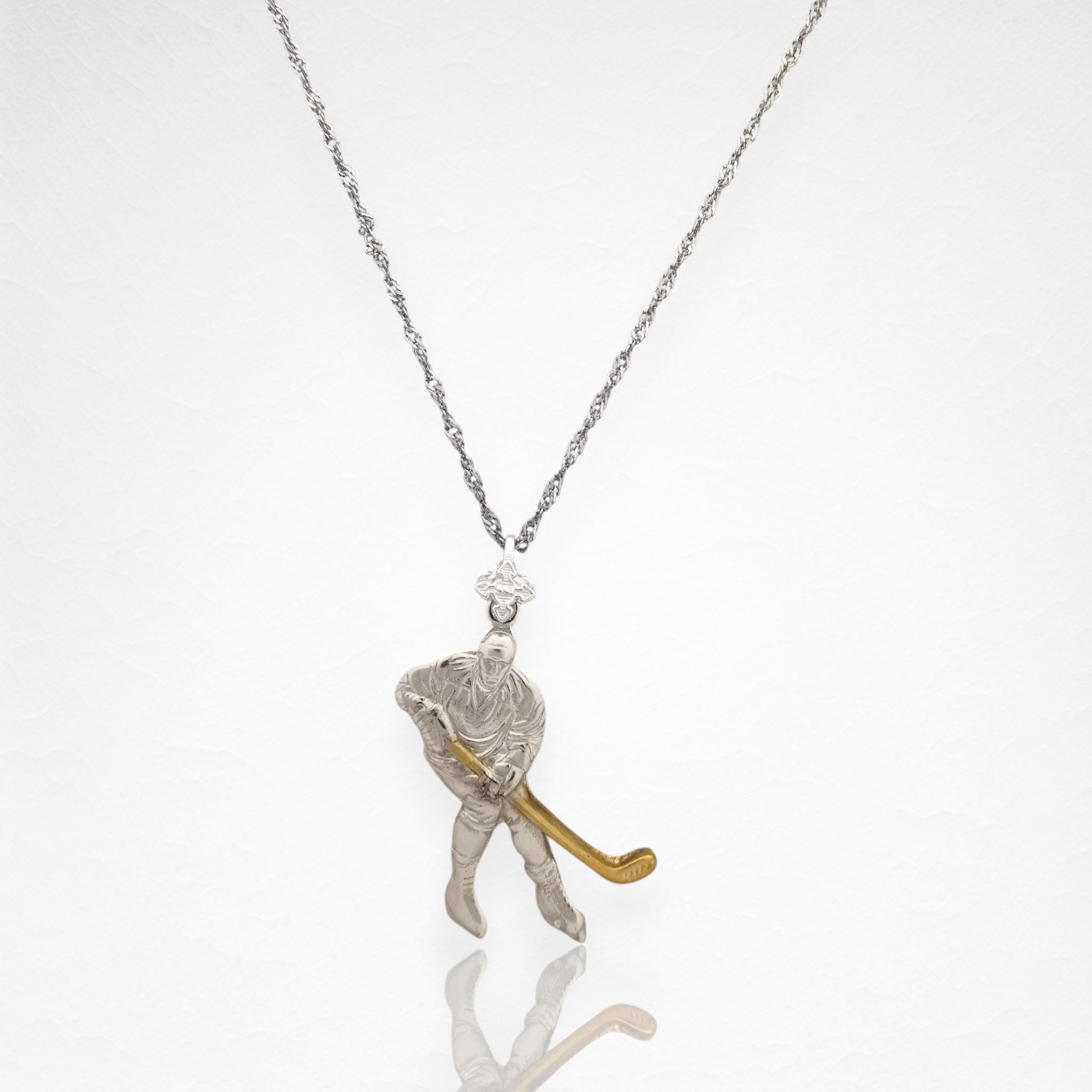 Ice Hockey Jewelry Pendant for Men – 925 Silver with Partial Gold Plating – Handcrafted Sport Charm for Players – Necklace