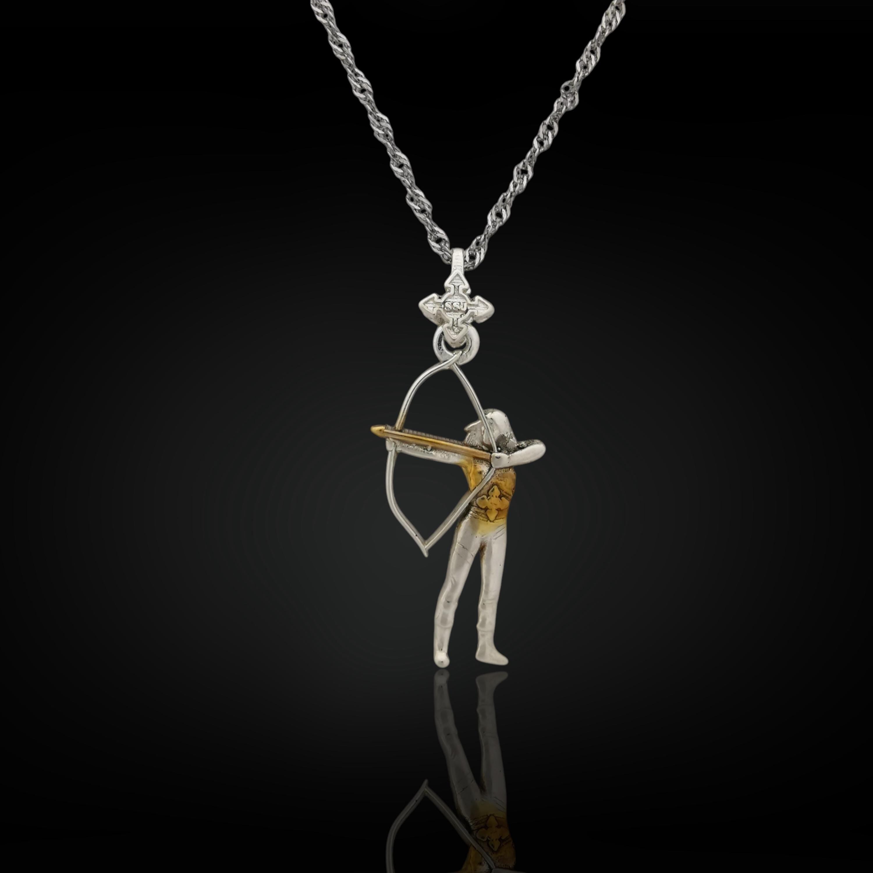 Two tone archer necklace for women crafted from solid 925 sterling silver with partial gold plating – an elegant and powerful pendant for athletes, coaches, and archery fans. This fine jewelry features a female archer in motion, combining sleek silver and warm gold detail.
A unique blend of contrast and meaning, this piece honors strength, balance, and timeless beauty — perfect for women who lead with purpose and grace.