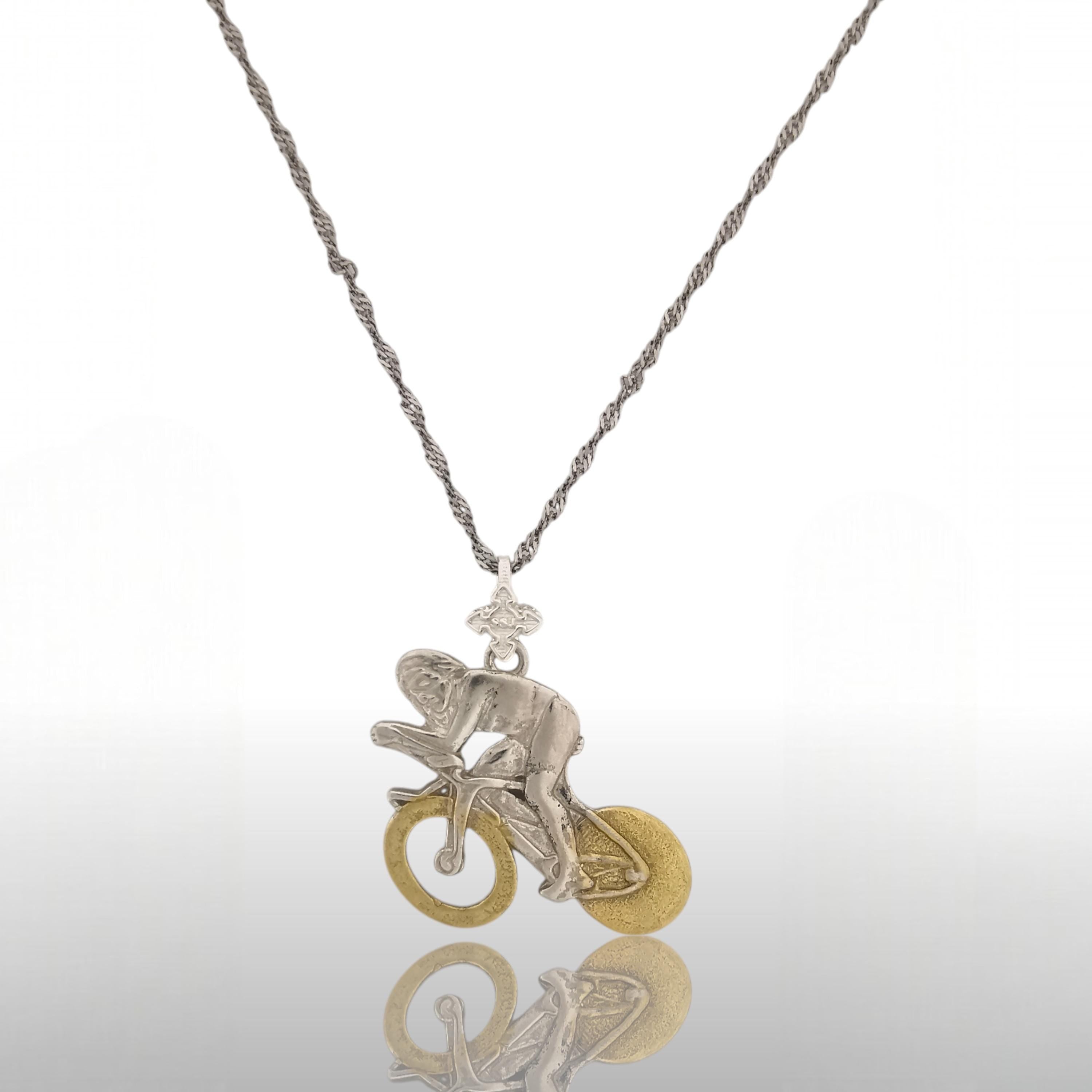 Cycling Jewelry Pendant for Men – Silver with Partial Gold Plating 925 Gift – Sports Accessory for Road Racers and Cyclists – Necklace