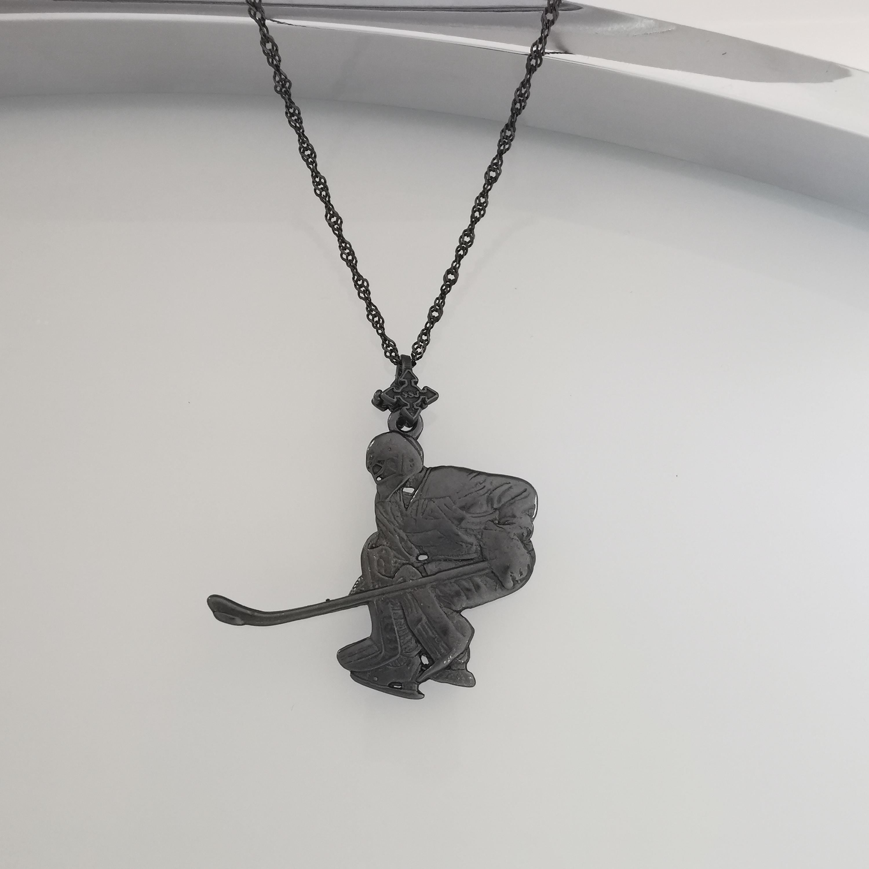 Ice Hockey Jewelry Pendant for Men – Oxidized Black 925 Silver Goalie Gift – Handcrafted Sports Charm for Athletes and Fans – Necklace