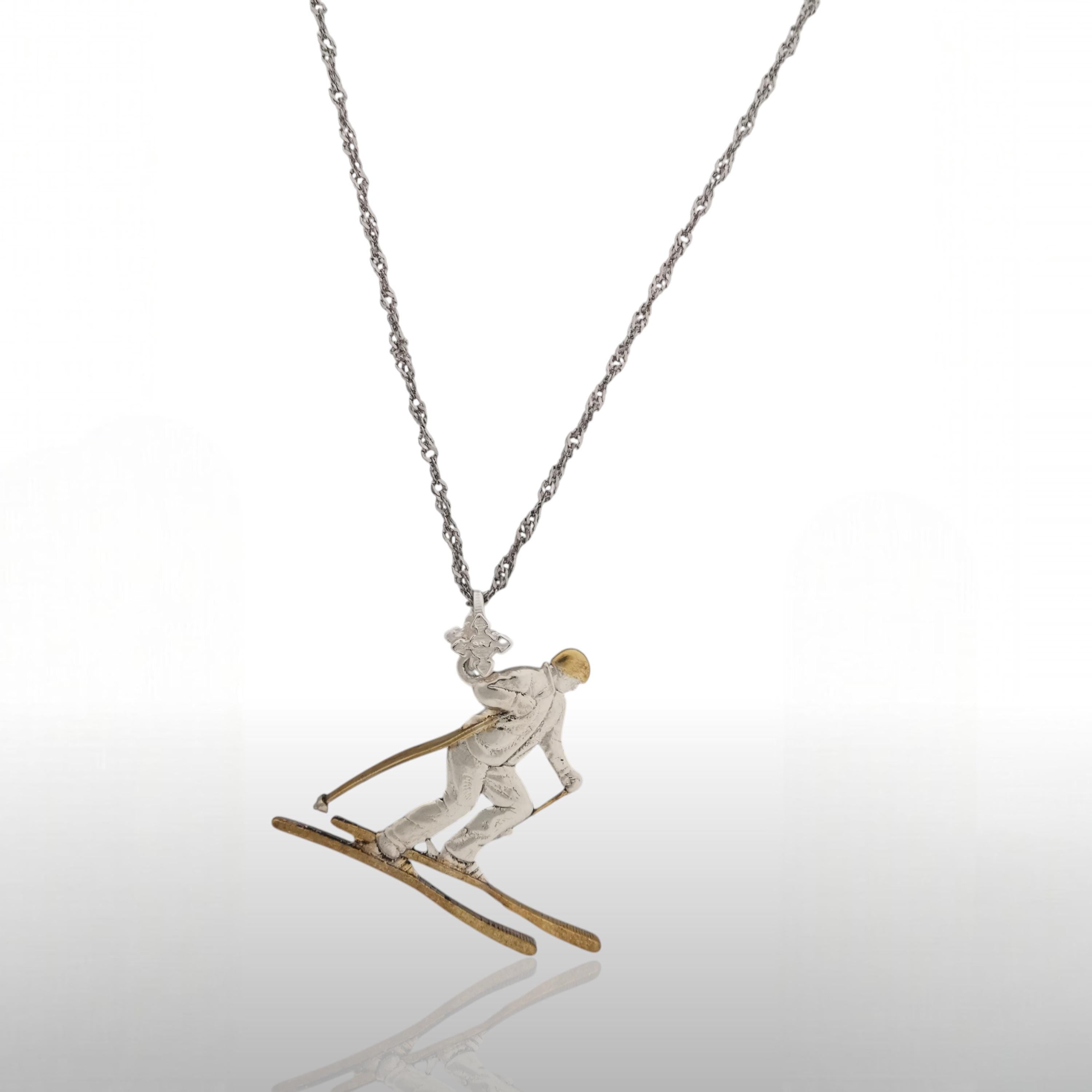 Skiing Jewelry Pendant for Women & Men – 925 Silver with Partial Gold Plating – Handcrafted Sports Charm for Slalom and Freestyle – Necklace