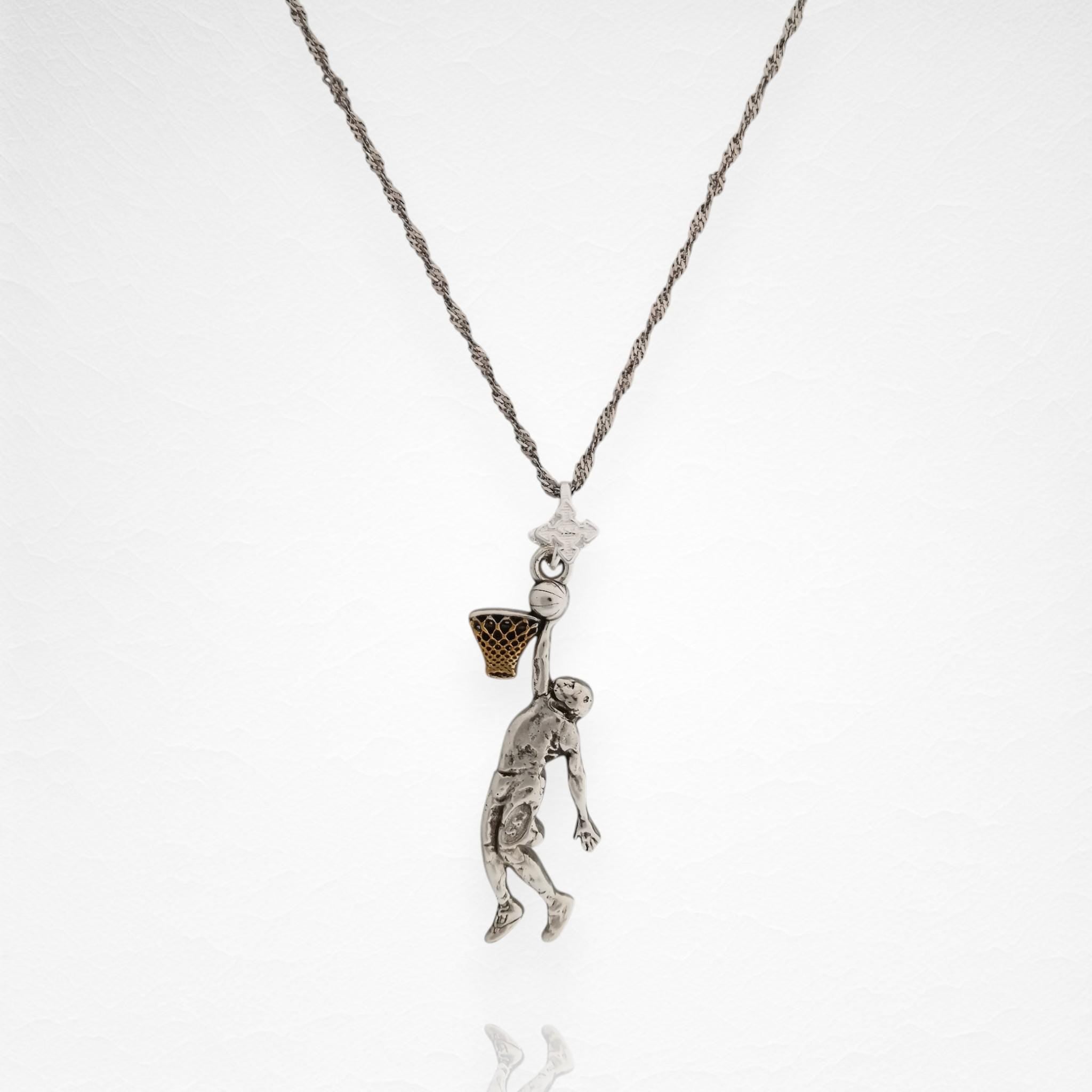 Basketball Dunk Pendant for Men – 925 Silver with Partial Gold Plating Jewelry Gift for Players, Coaches & Fans – Sports Necklace
