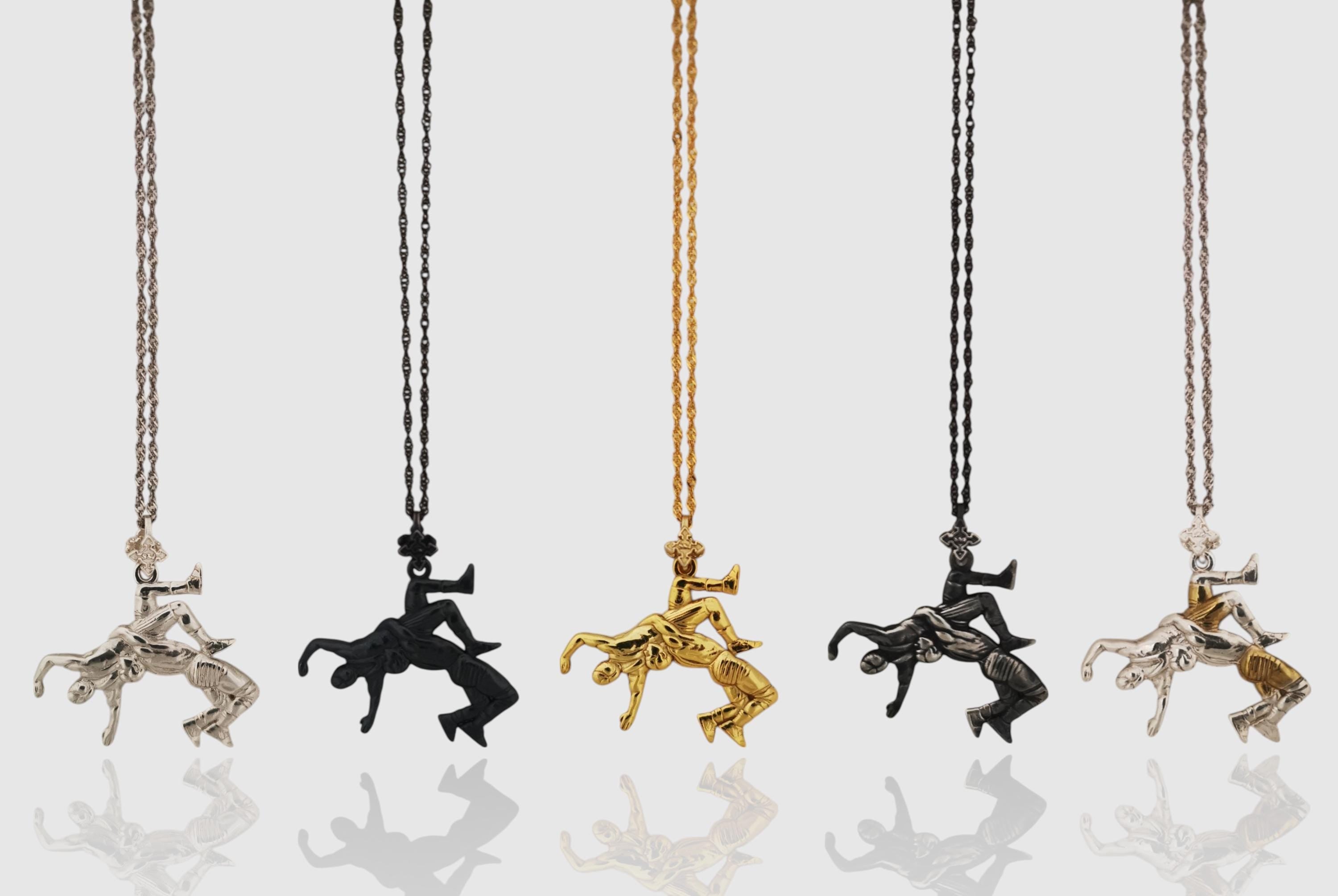 Wrestling Pendant for Men – Blackened 925 Silver Necklace – Rugged Gift for Athlete, Coach, or Fan – Great for Birthdays or Competitions