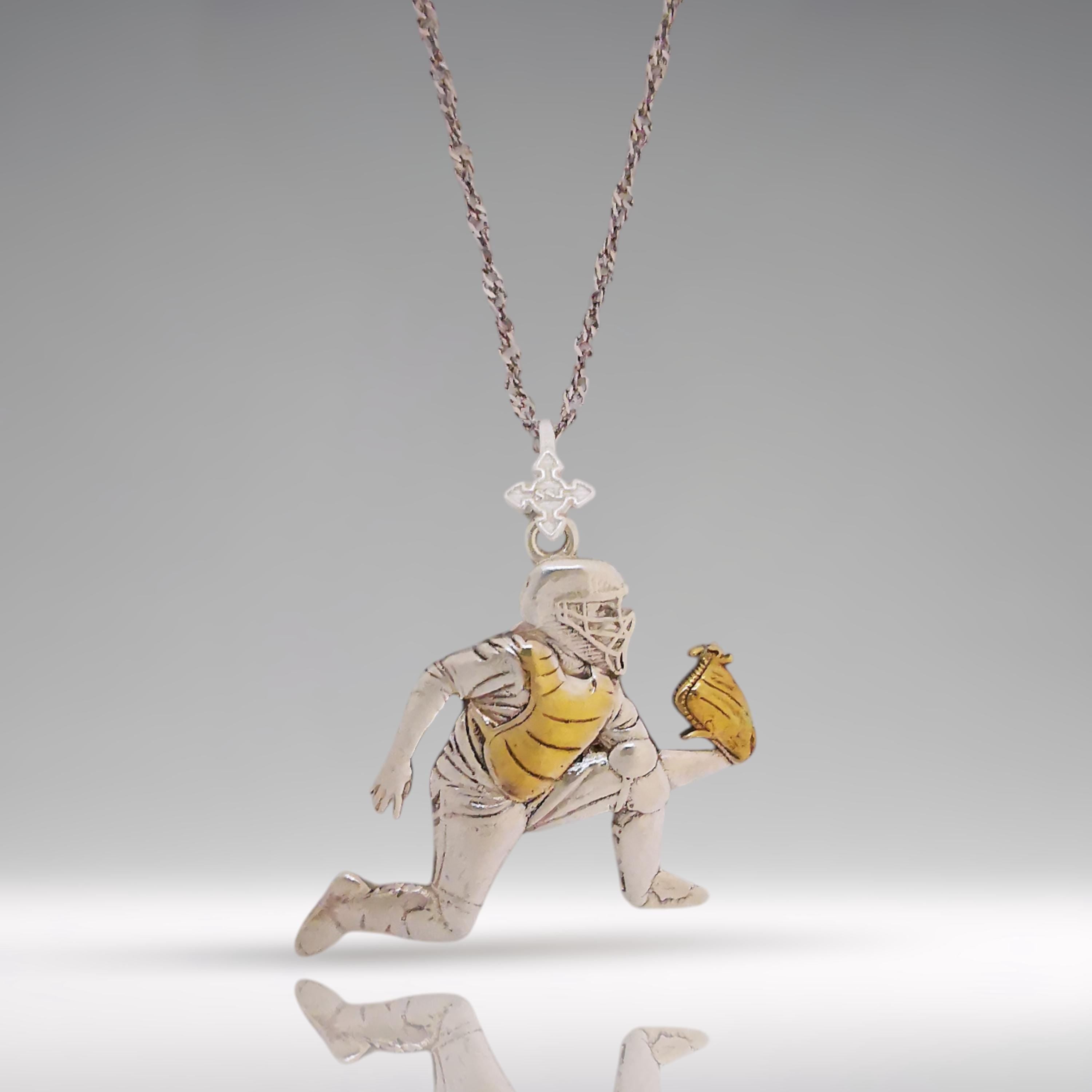 Baseball Jewelry Pendant for Men – Silver with Partial Gold Plating 925 Gift – Sports Accessory for Catchers and Baseball Lovers – Necklace