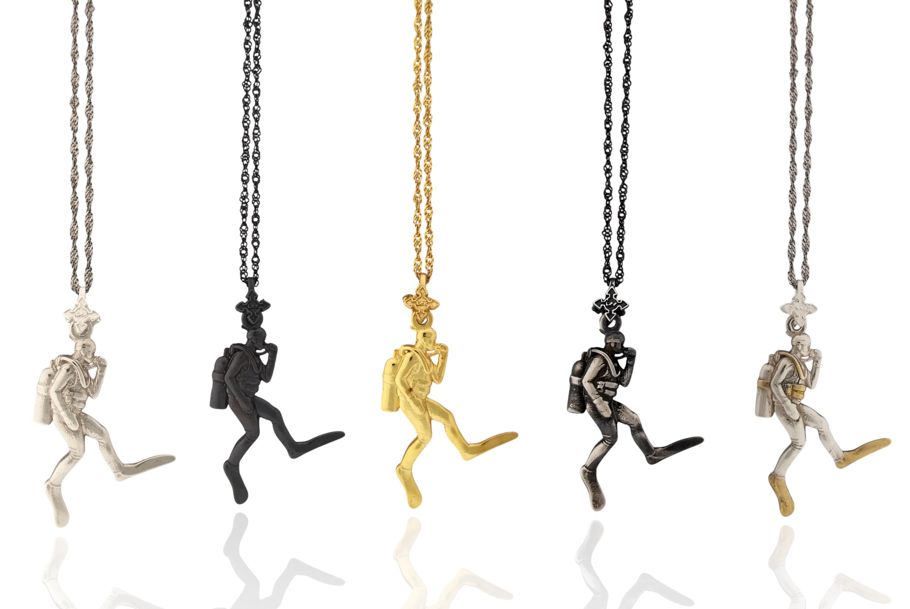 Scuba Diving Jewelry Pendant for Men & Women – 925 Silver with Partial Gold Plating Gift – Handcrafted Diver Charm for Ocean Lovers Necklace