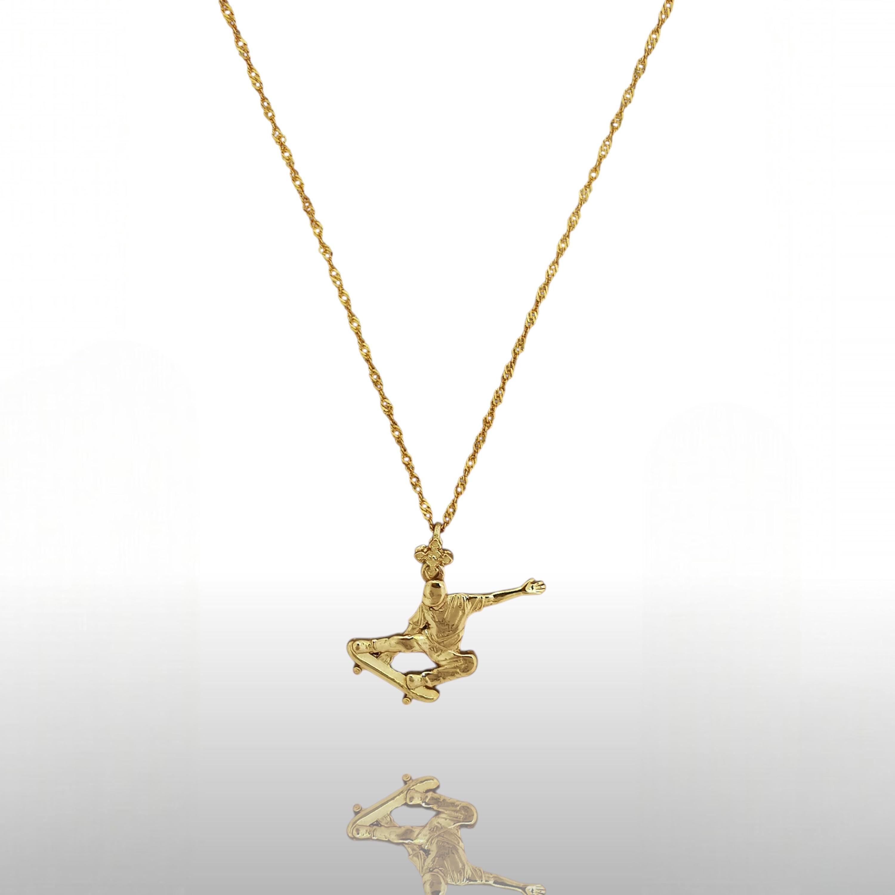 Skateboard Jewelry Pendant for Men and Teen Boys – Gold-Plated 925 Silver Gift – Streetwear Sports Accessory for Skaters – Necklace