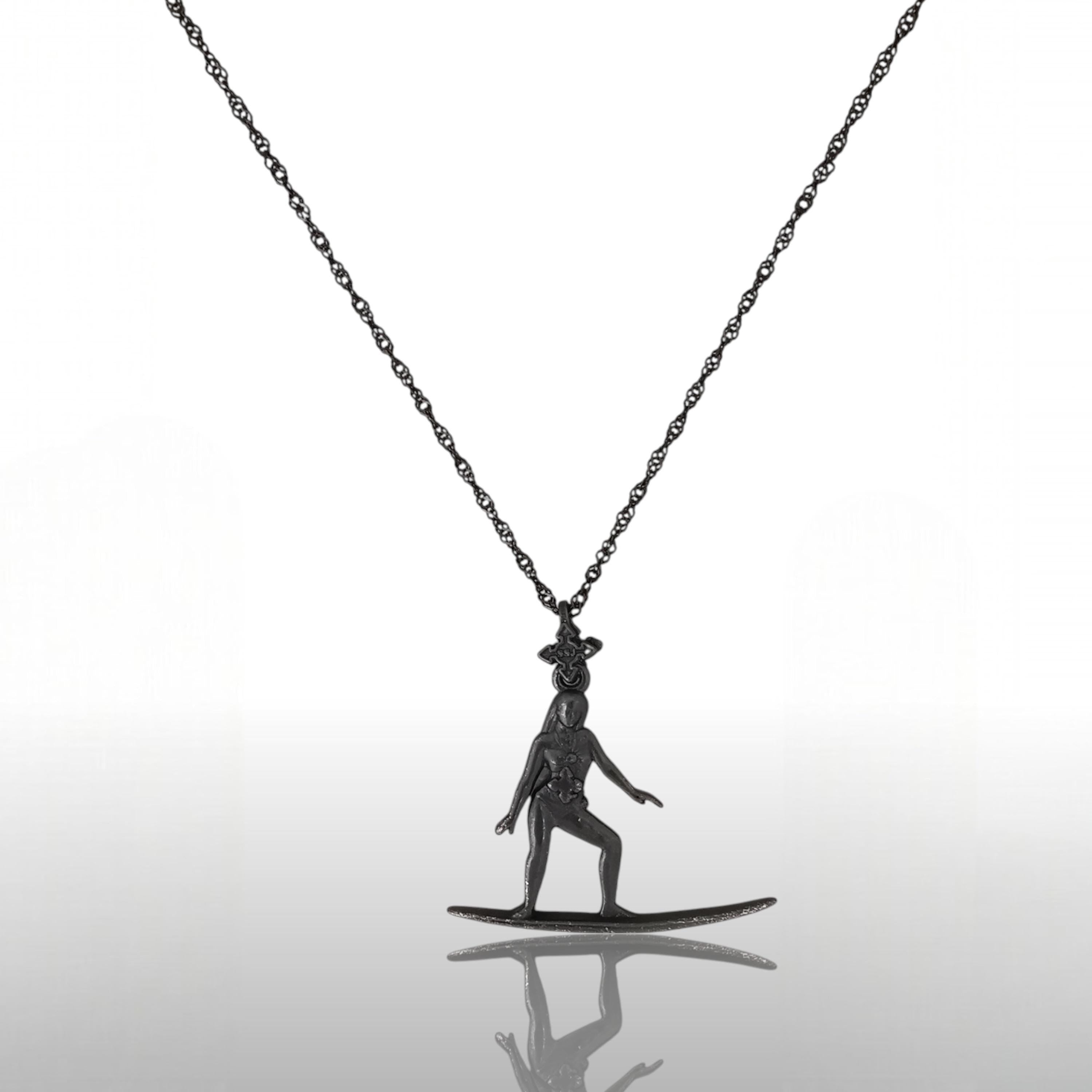 Surf Pendant for Women – Black Oxidized 925 Silver Jewelry Gift – Ocean-Inspired Charm for Surfers