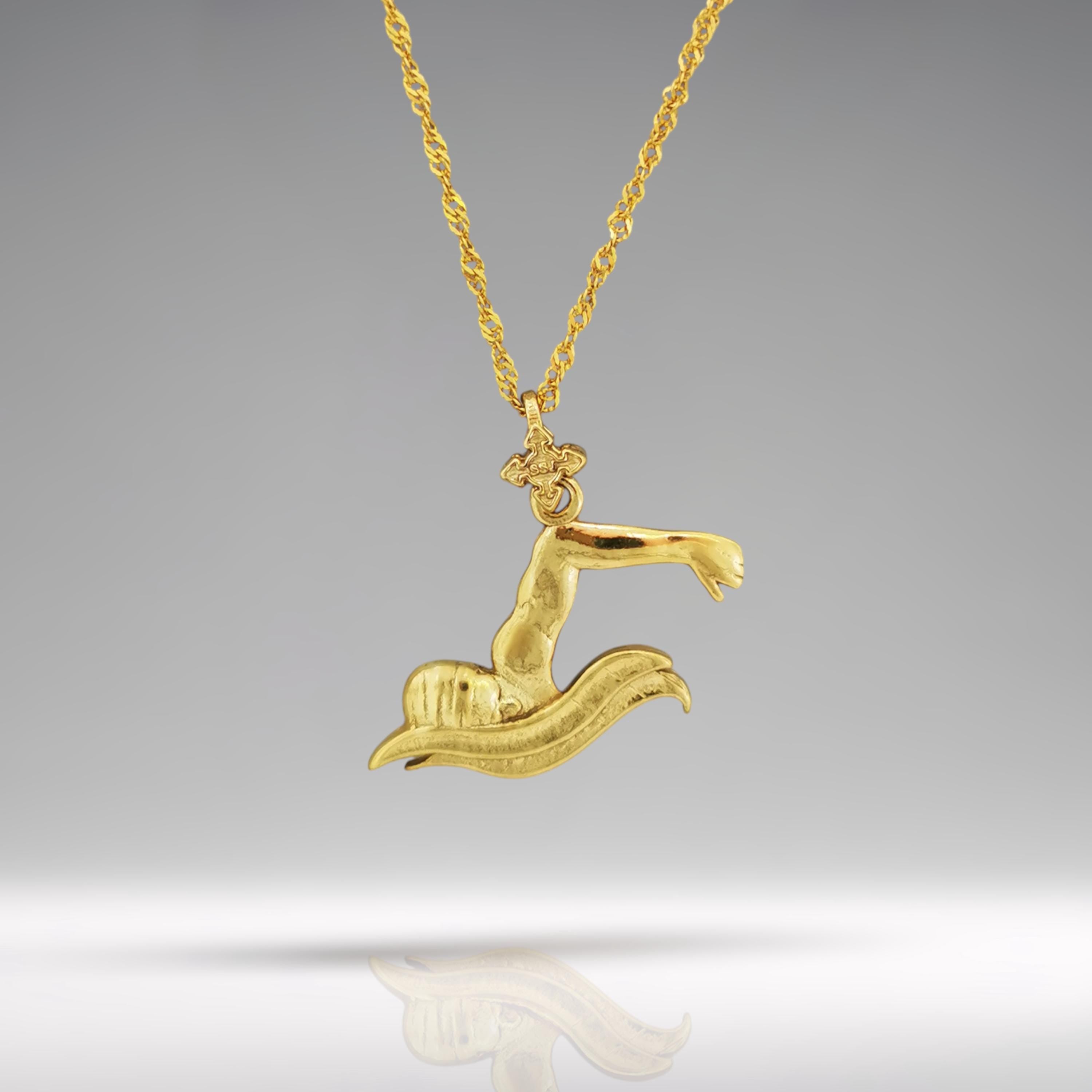 Gold-plated swimmer necklace handcrafted in solid 925 sterling silver — a bold and energetic pendant for men and teen boys who push their limits in the pool.
The design features a male swimmer mid-breaststroke, cutting through the water with discipline and drive. With dynamic lines and a strong silhouette, this piece honors the spirit of training, performance, and determination. Perfect for swim team members, coaches, or young athletes chasing goals.