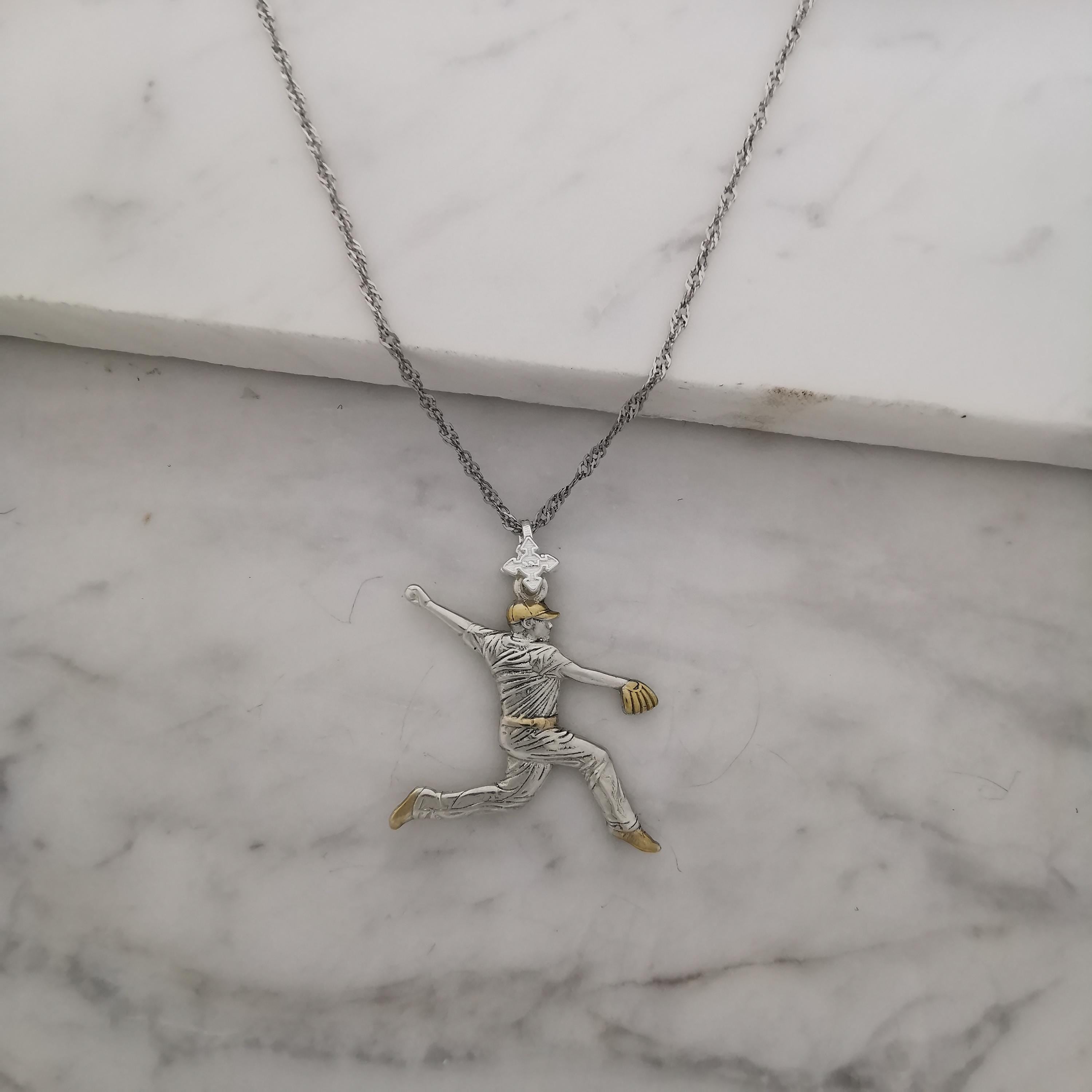 Baseball Jewelry Pendant for Men – 925 Silver with Partial Gold Plating – Handcrafted Sport Charm for Players & Pitchers – Necklace