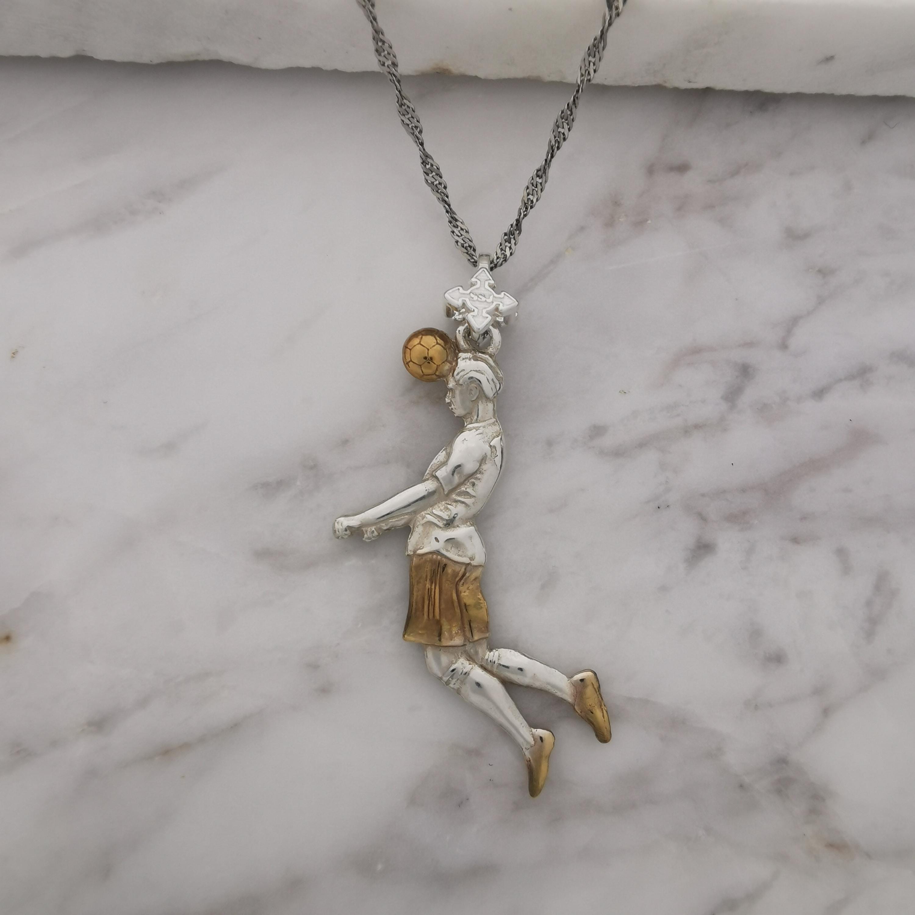Football (Soccer) Jewelry Pendant for Men – 925 Silver with Partial Gold Plating – Header Shot Charm for Players – Necklace