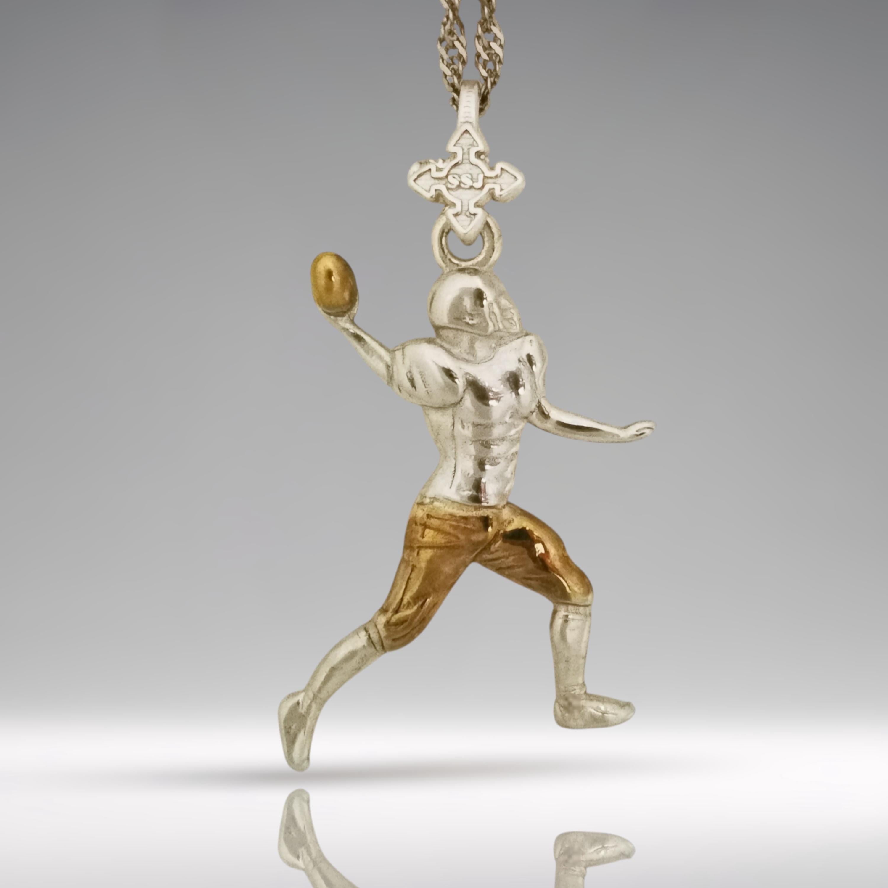 American Football Jewelry Pendant for Men – 925 Silver with Partial Gold Plating – Vintage Style Sports Accessory for Game Day – Necklace