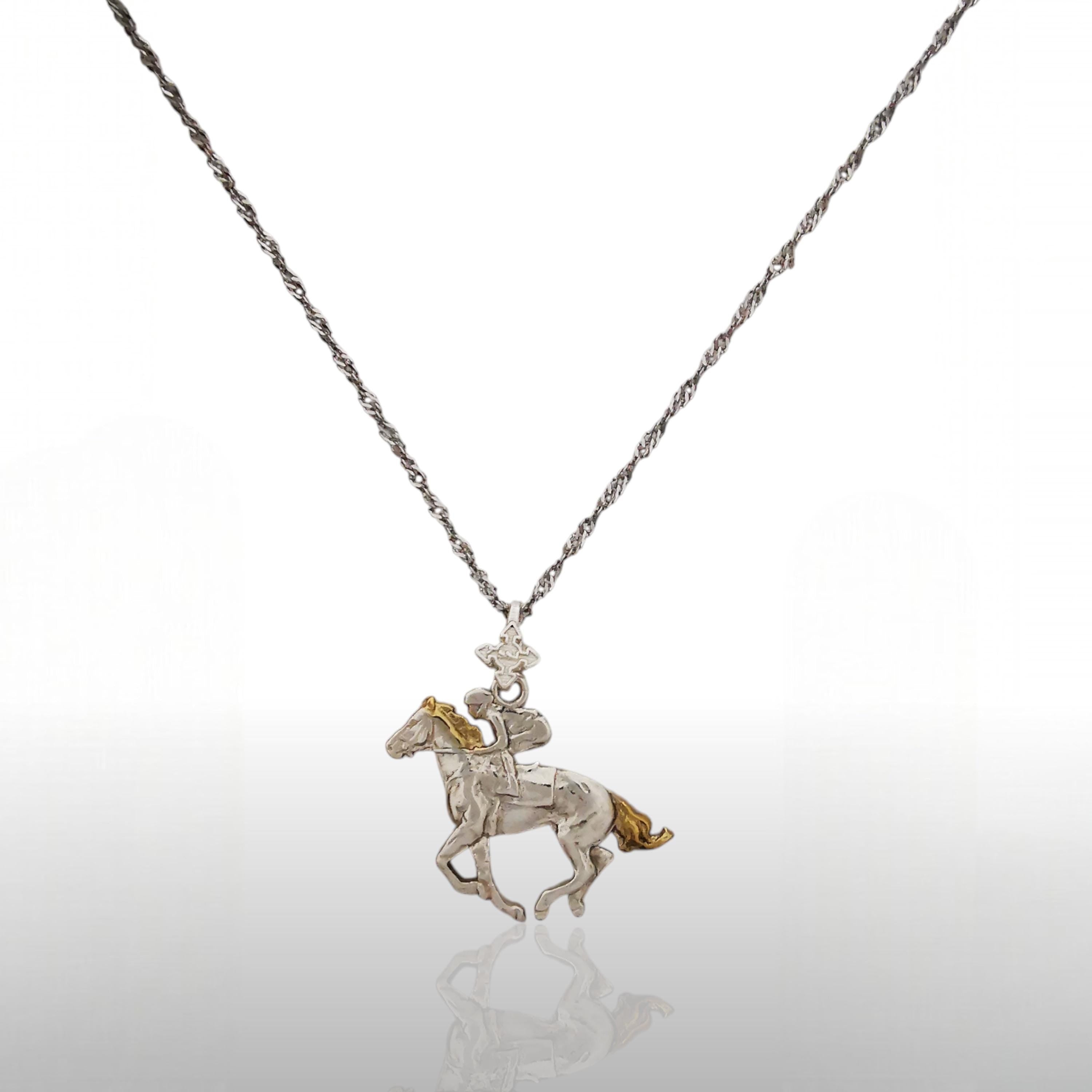 Horse Riding Jewelry Pendant for Men – 925 Silver with Partial Gold Plating – Elegant Sports Accessory for Riders – Necklace