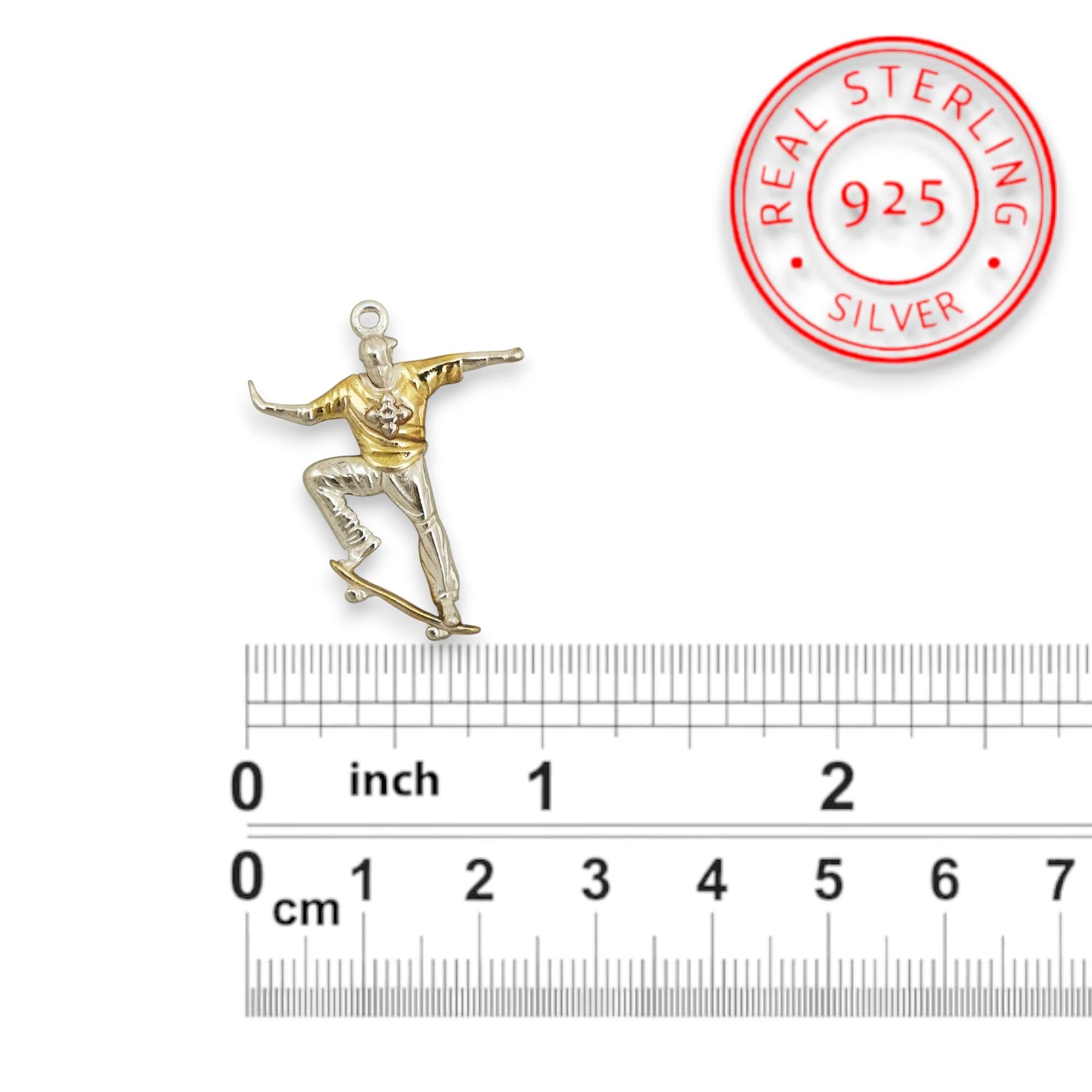 Skateboard Pendant for Men 925 Silver Jewelry Gold Detail Handcrafted Urban Style Gift for Skaters, Athletes & Street Culture Fans Necklace