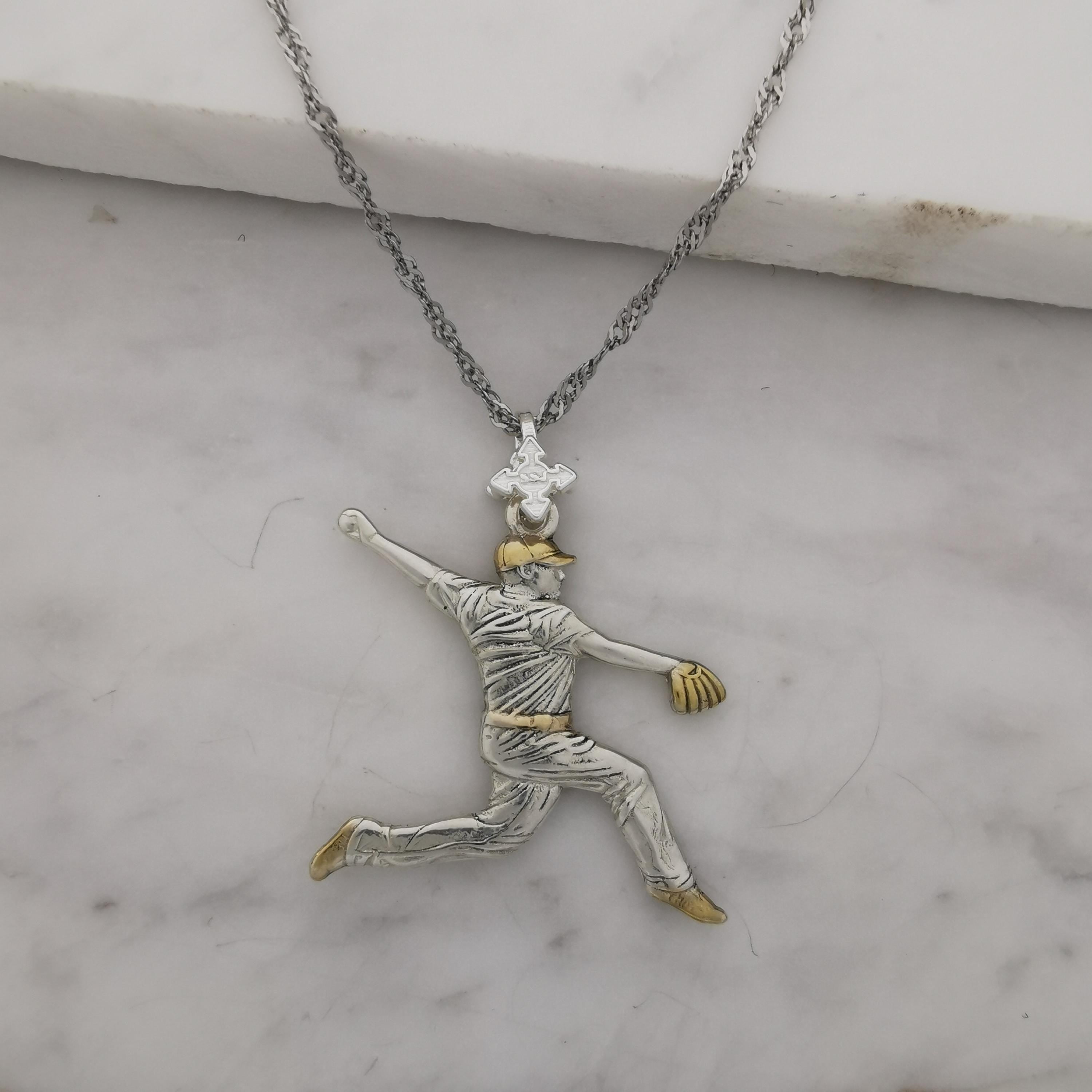 Baseball Jewelry Pendant for Men – 925 Silver with Partial Gold Plating – Handcrafted Sport Charm for Players & Pitchers – Necklace