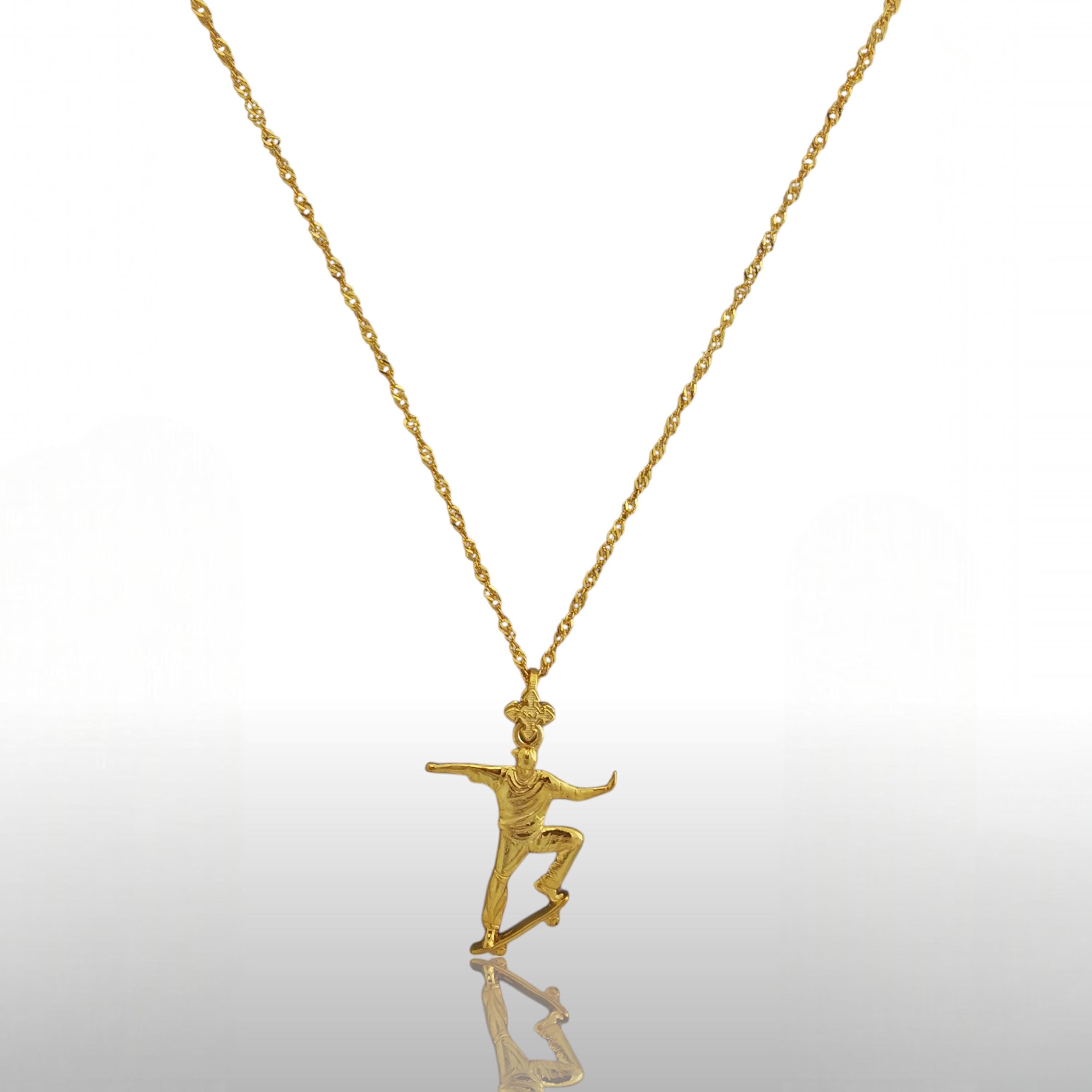 Skateboard Pendant for Men & Teen Boys – Gold-Plated 925 Silver Jewelry Gift – Urban Streetwear Charm for Skaters and Athletes – Necklace