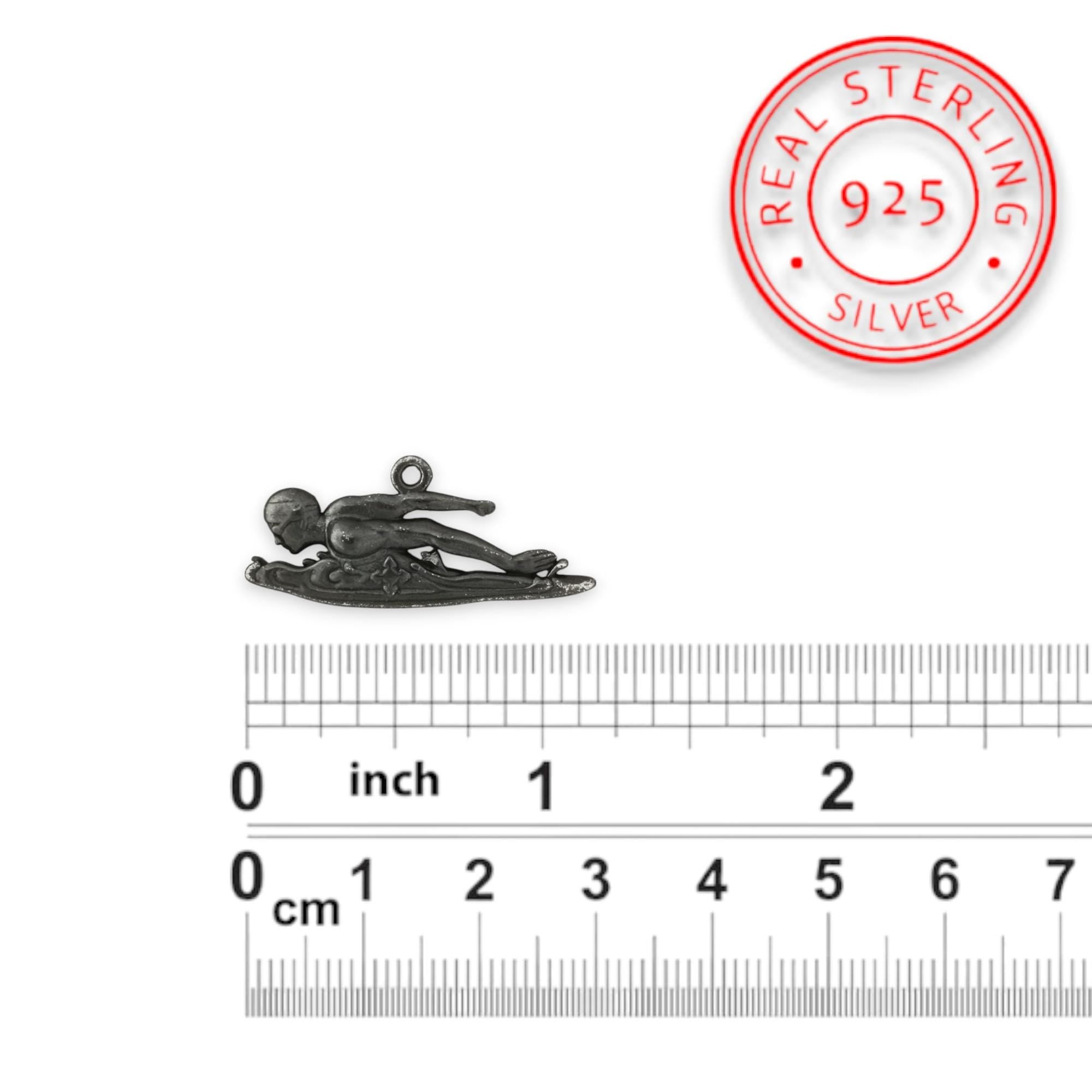 Swimming Jewelry Pendant for Men – Oxidized Black 925 Silver Gift – Sports Accessory for Freestyle Swimmers and Water Sport Fans – Necklace