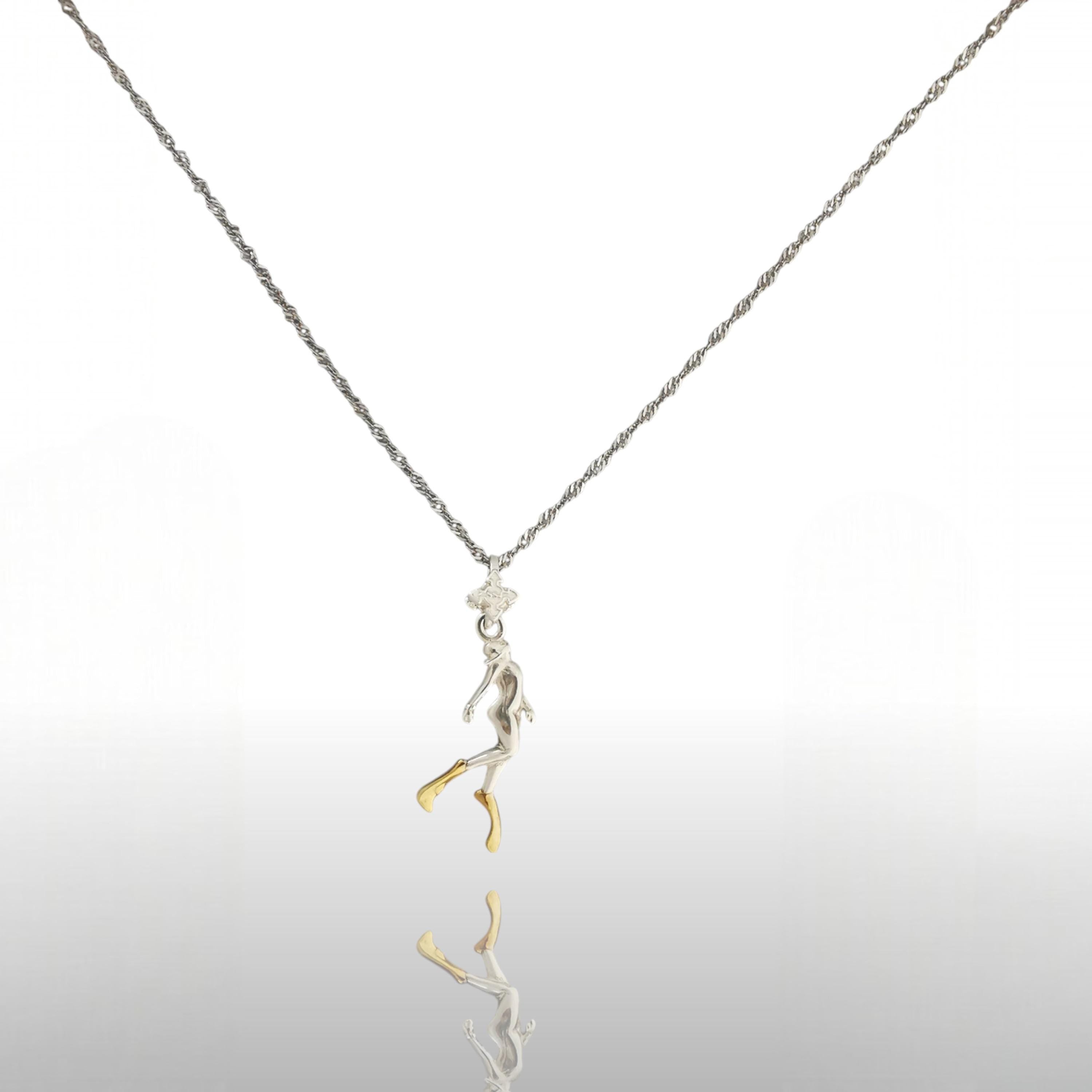 Diving Jewelry Pendant for Women – Silver with Gold Detail 925 Gift – Sports Accessory for Swimmers and Diver Girls – Necklace