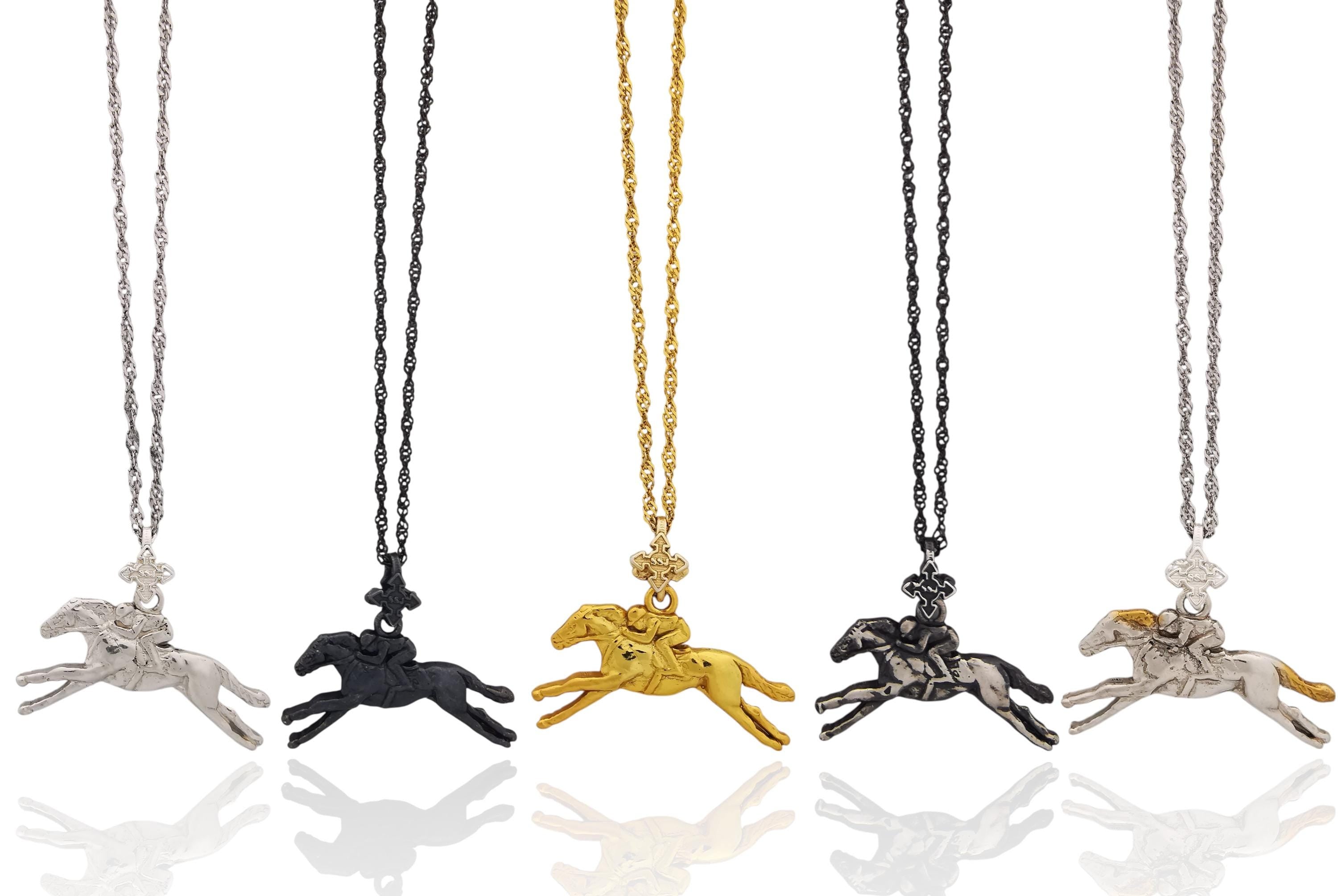 Horse Racing Jewelry Pendant for Men – 925 Silver with Partial Gold Plating – Equestrian Sports Accessory for Riders – Necklace