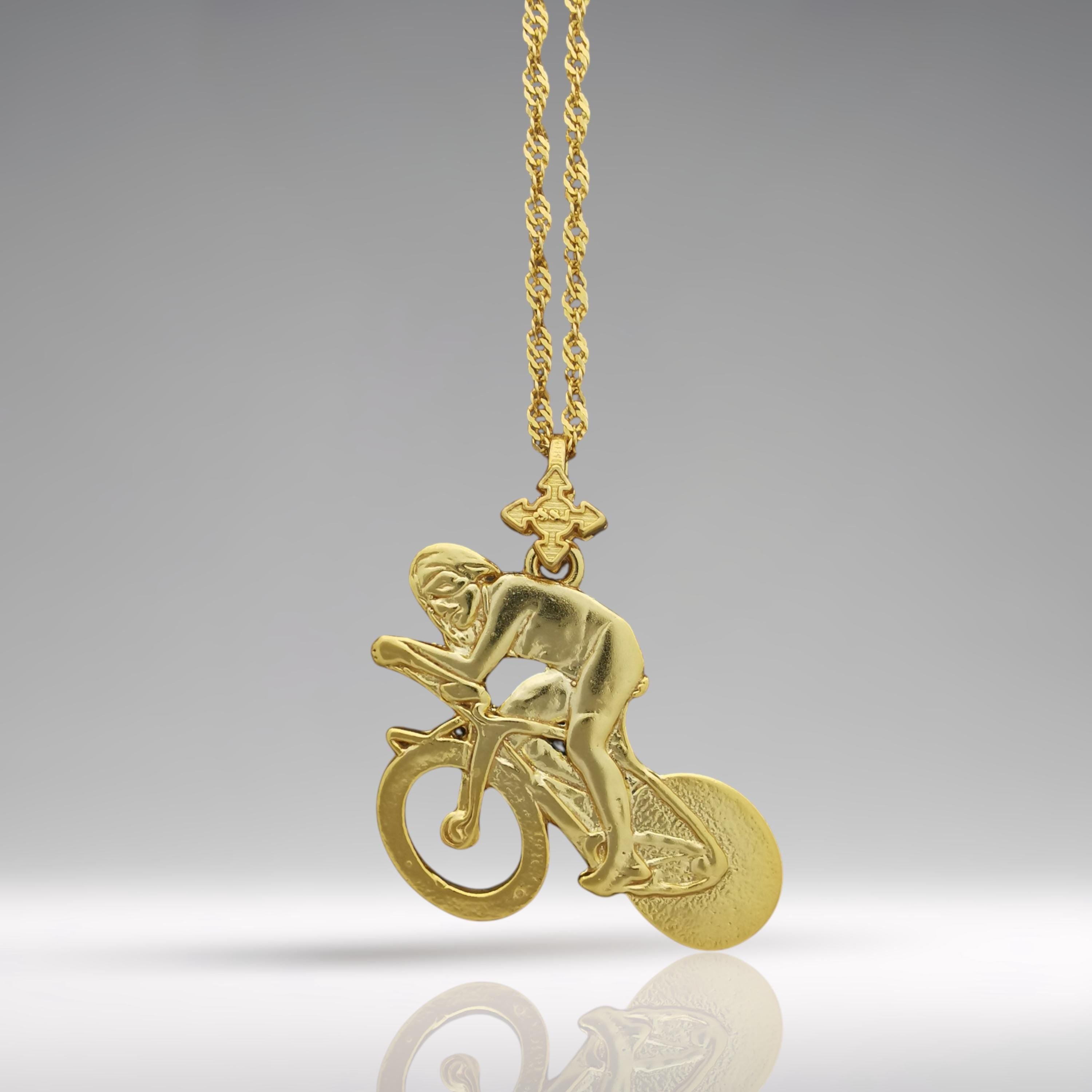 Cycling Jewelry Pendant for Men – Gold-Plated 925 Silver Gift – Sports Accessory for Road Bikers and Time Trial Racers – Necklace