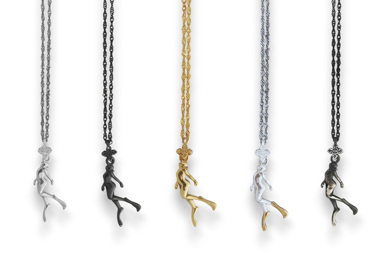 Diving Jewelry Pendant for Women – Silver with Gold Detail 925 Gift – Sports Accessory for Swimmers and Diver Girls – Necklace