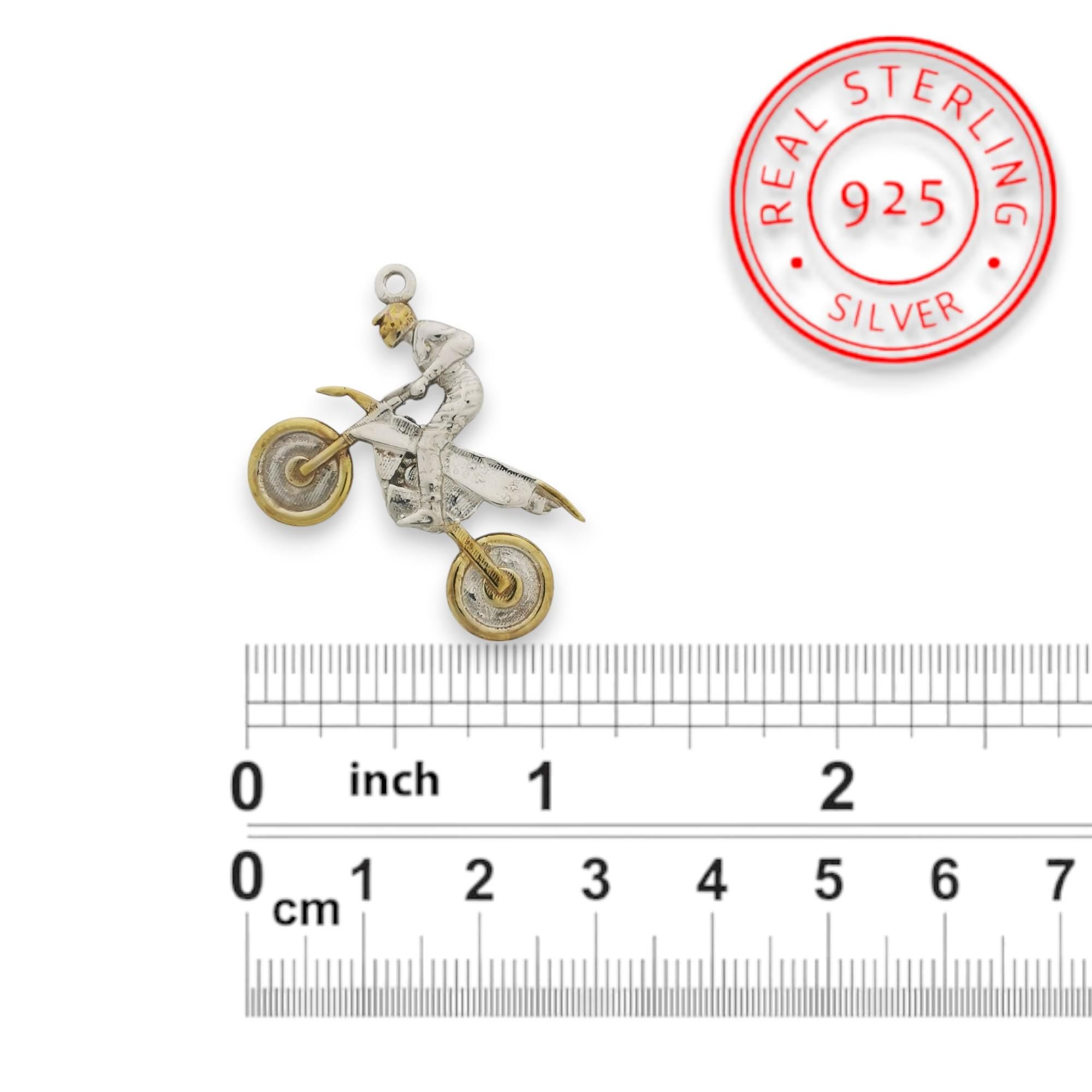 Motocross Jewelry Pendant for Men, 925 Silver Partial Gold Plating, Bold Sports Jewelry Gift for Riders, Racers, and Off-Road Fans Necklace