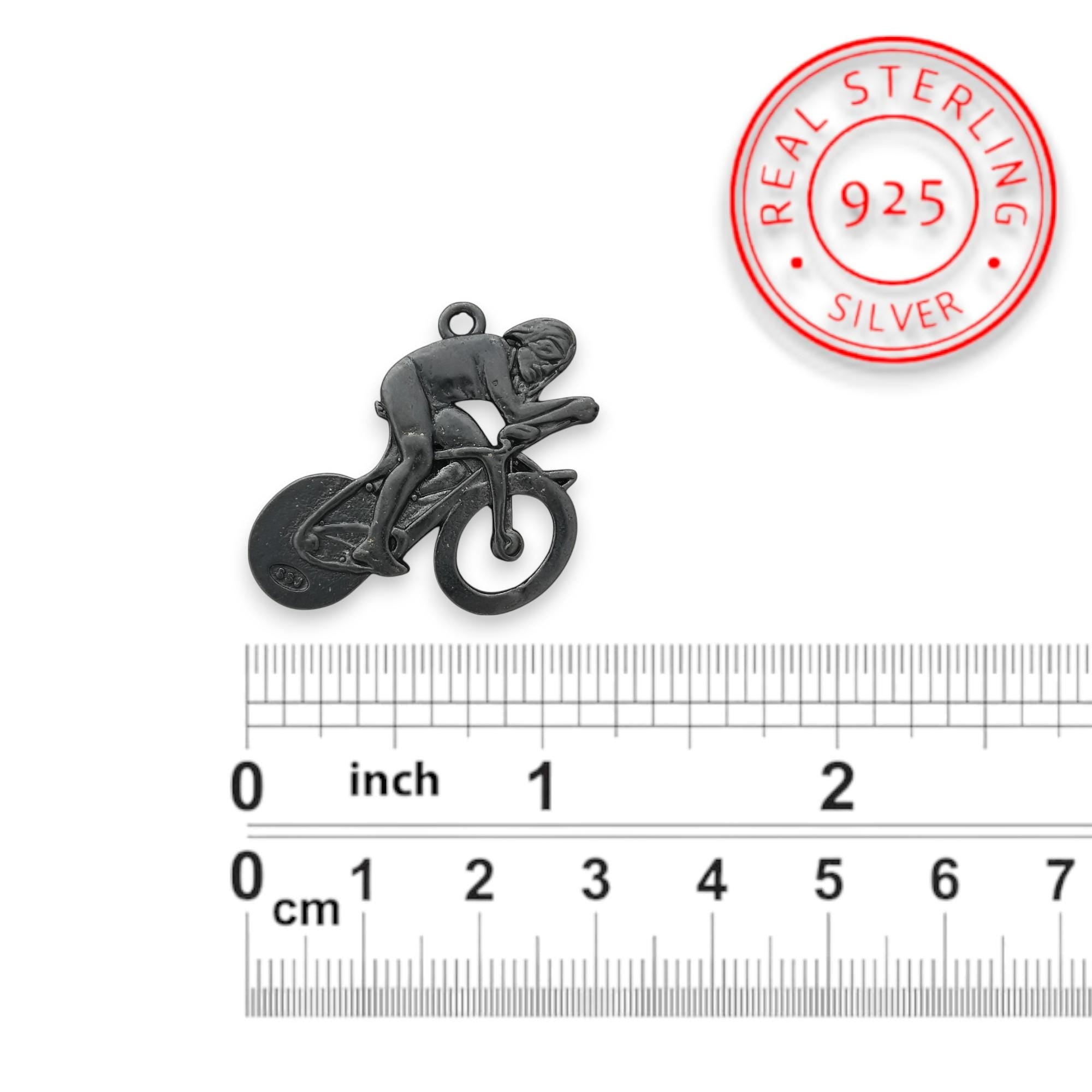 Cycling Jewelry Pendant for Men – Oxidized Black 925 Silver Gift – Sports Accessory for Road Bikers and Active Riders – Necklace