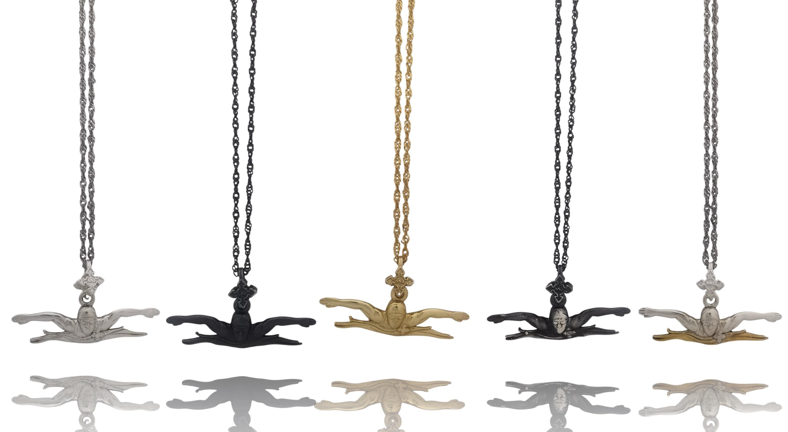 Swimming Jewelry Pendant for Men and Teen Boys – Vintage Style 925 Silver Gift – Sports Accessory for Butterfly Swimmers – Necklace