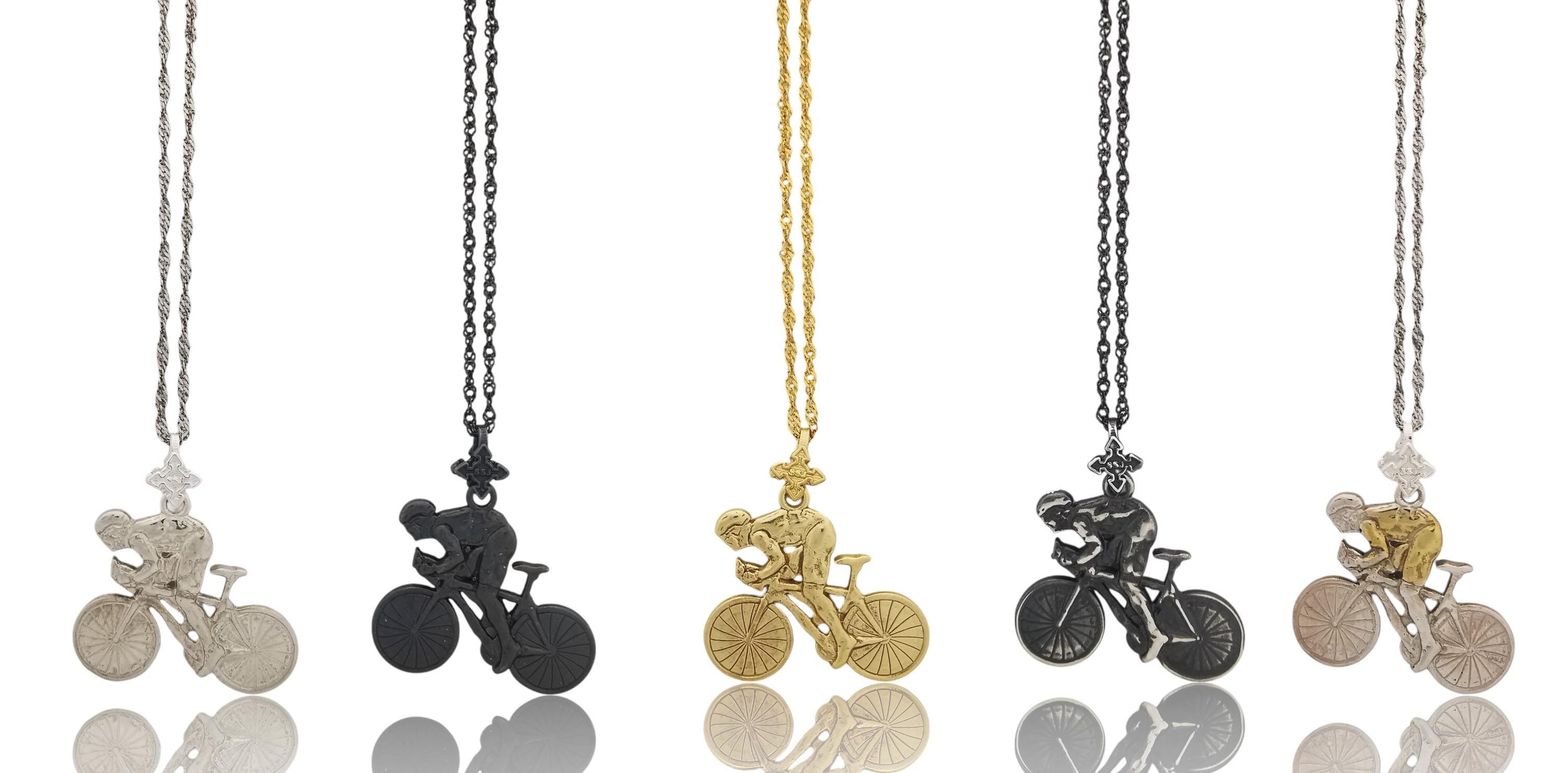 Oxidized Black Cyclist Pendant – 925 Silver Necklace for Men – Sports Jewelry Gift for Road Biker or Triathlete
