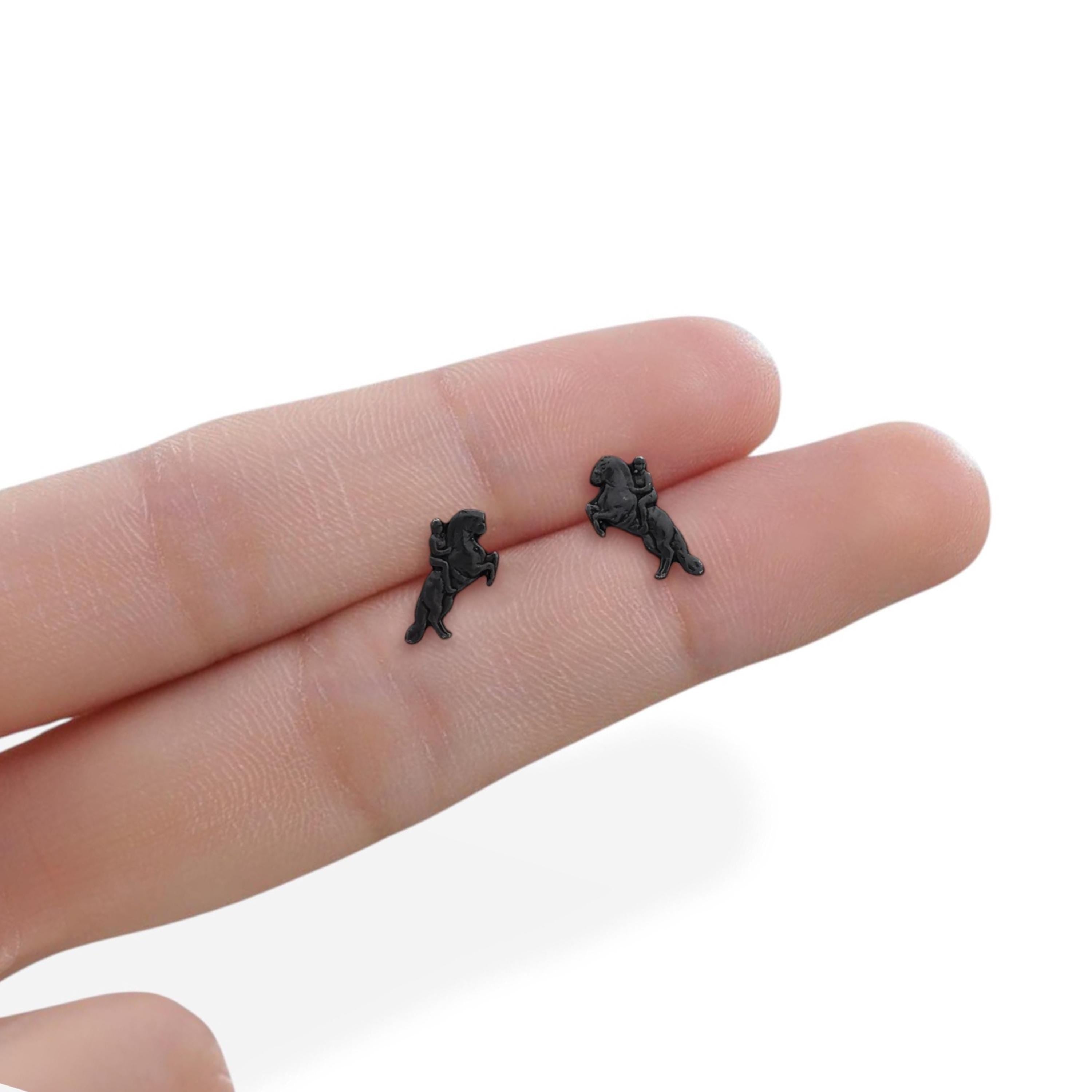 Minimalist Equestrian Stud Earrings Black Oxidized 925 Silver Jewelry Women Gift for Rider Athlete or Trainer Small Horse Sports Earrings