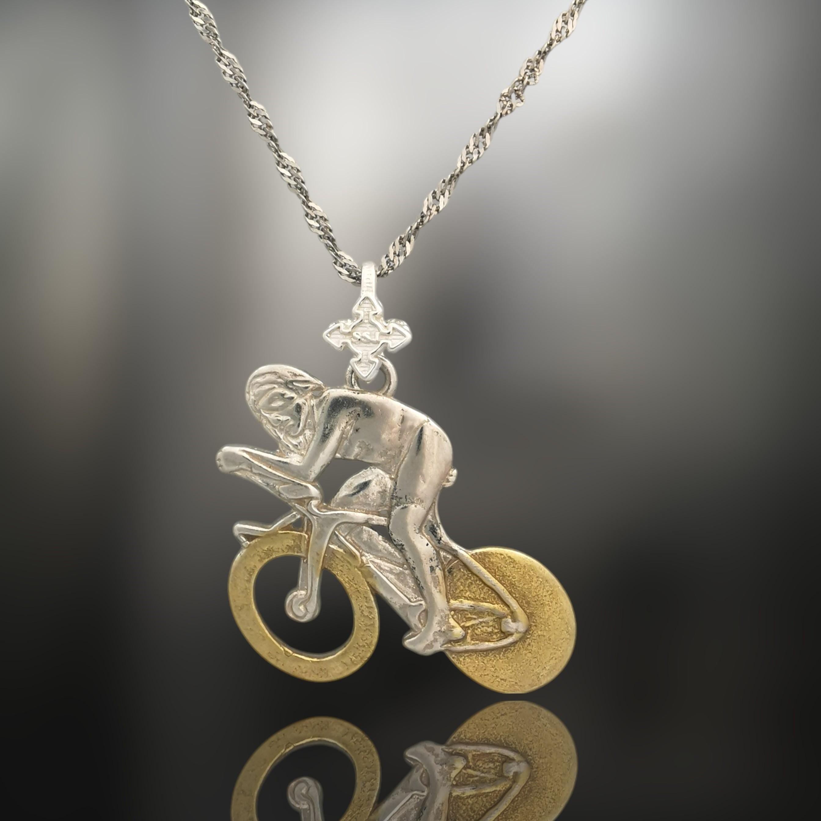 Cycling Jewelry Pendant for Men – Silver with Partial Gold Plating 925 Gift – Sports Accessory for Road Racers and Cyclists – Necklace