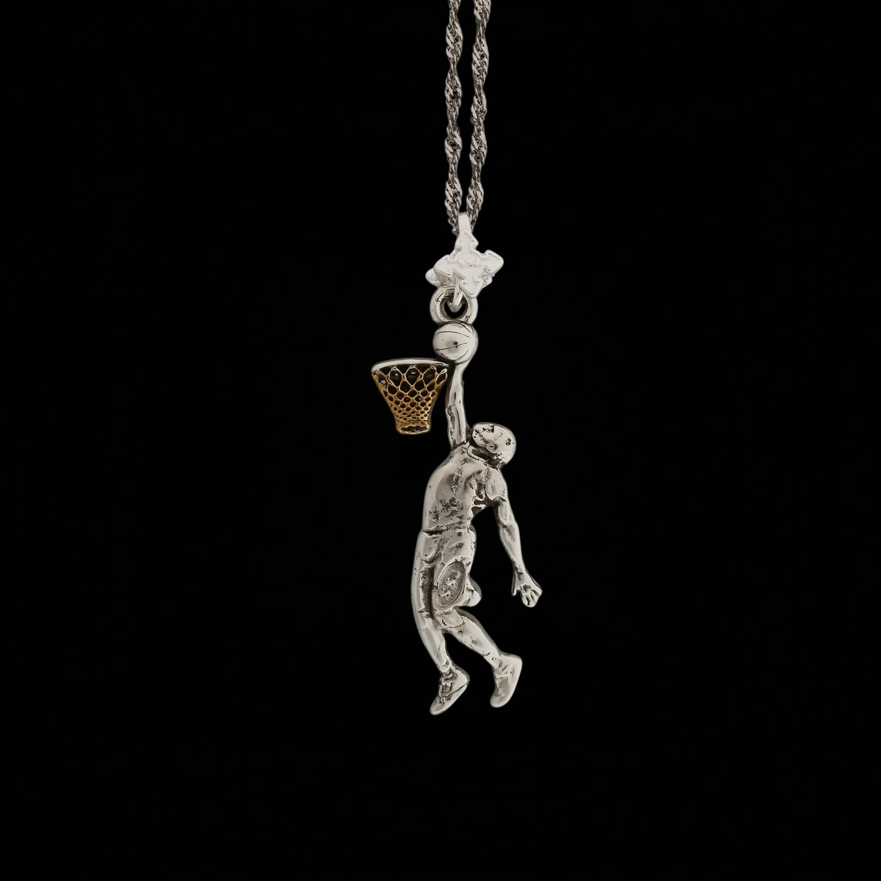 Basketball Dunk Pendant for Men – 925 Silver with Partial Gold Plating Jewelry Gift for Players, Coaches & Fans – Sports Necklace