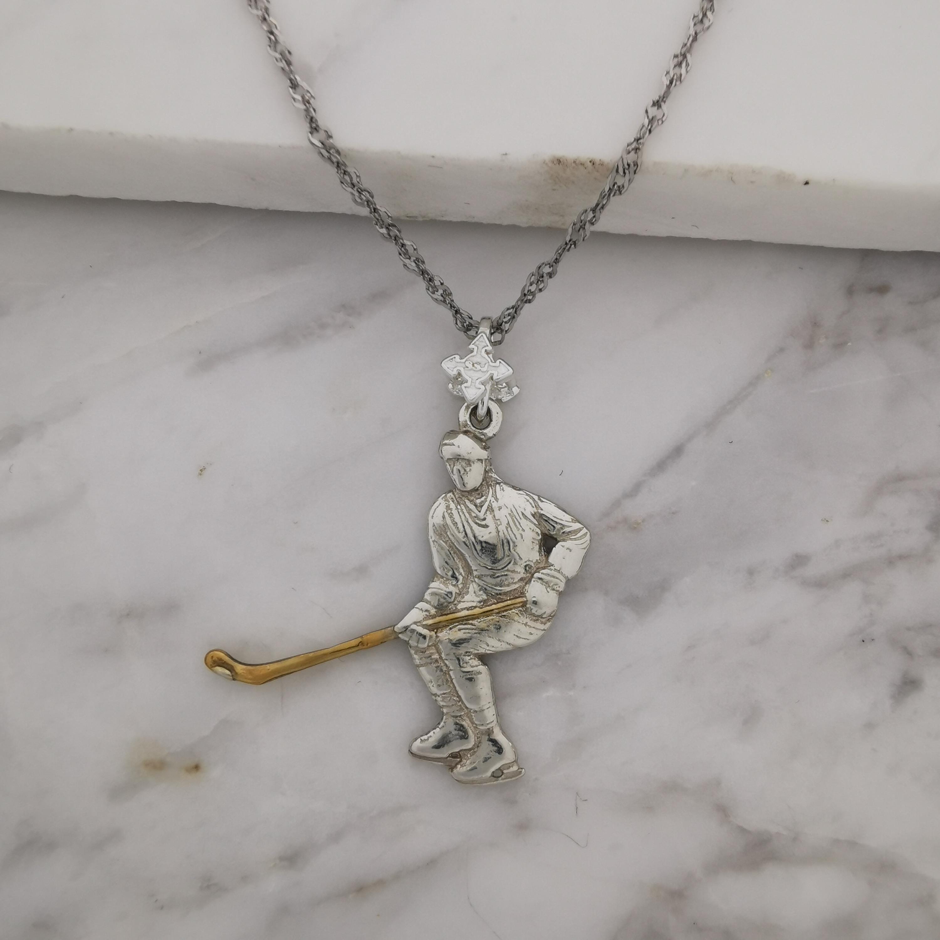 Ice Hockey Jewelry Pendant for Men – 925 Silver with Partial Gold Plating – Handcrafted Sport Charm for Players – Necklace