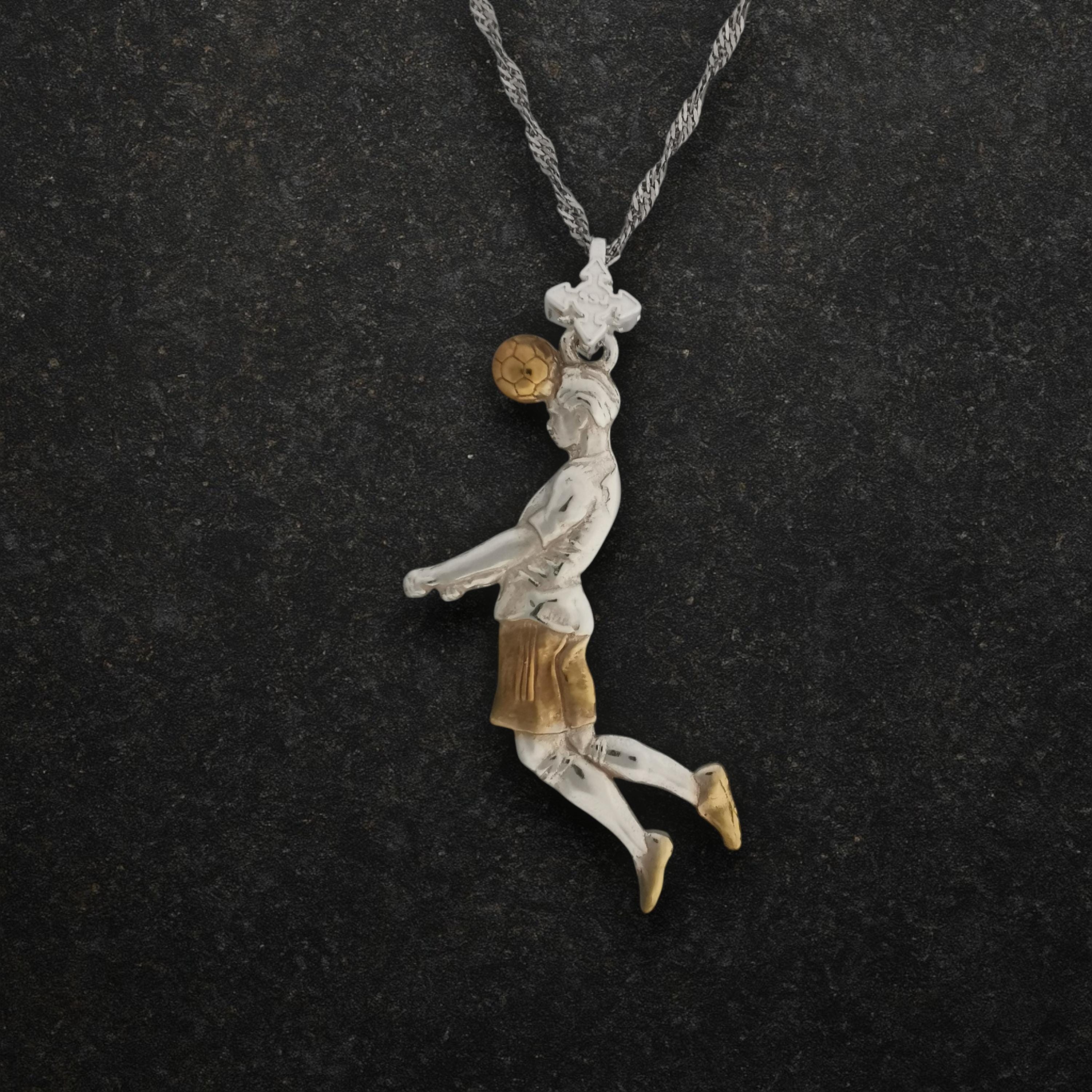 Football (Soccer) Jewelry Pendant for Men – 925 Silver with Partial Gold Plating – Header Shot Charm for Players – Necklace