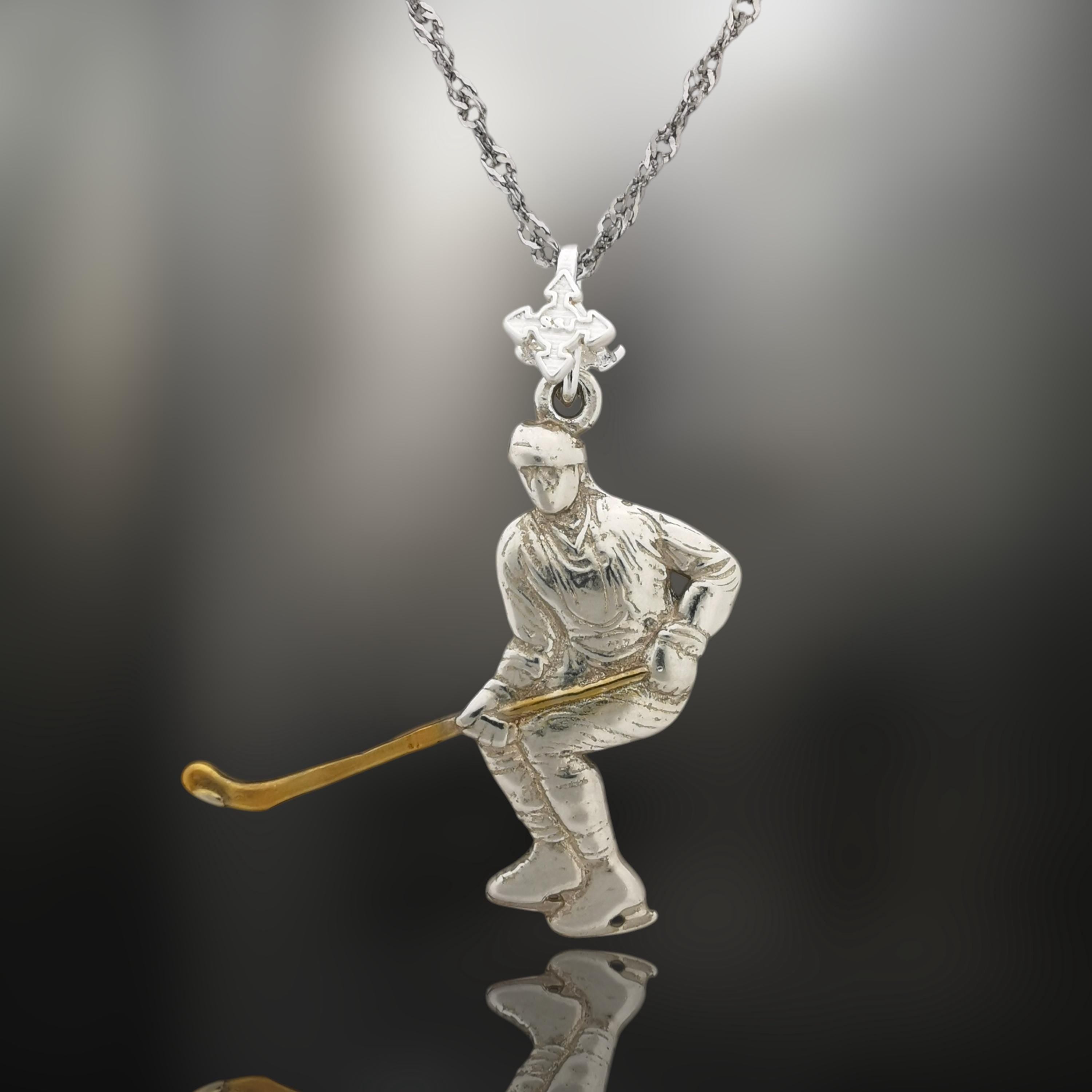 Ice Hockey Jewelry Pendant for Men – 925 Silver with Partial Gold Plating – Handcrafted Sport Charm for Players – Necklace