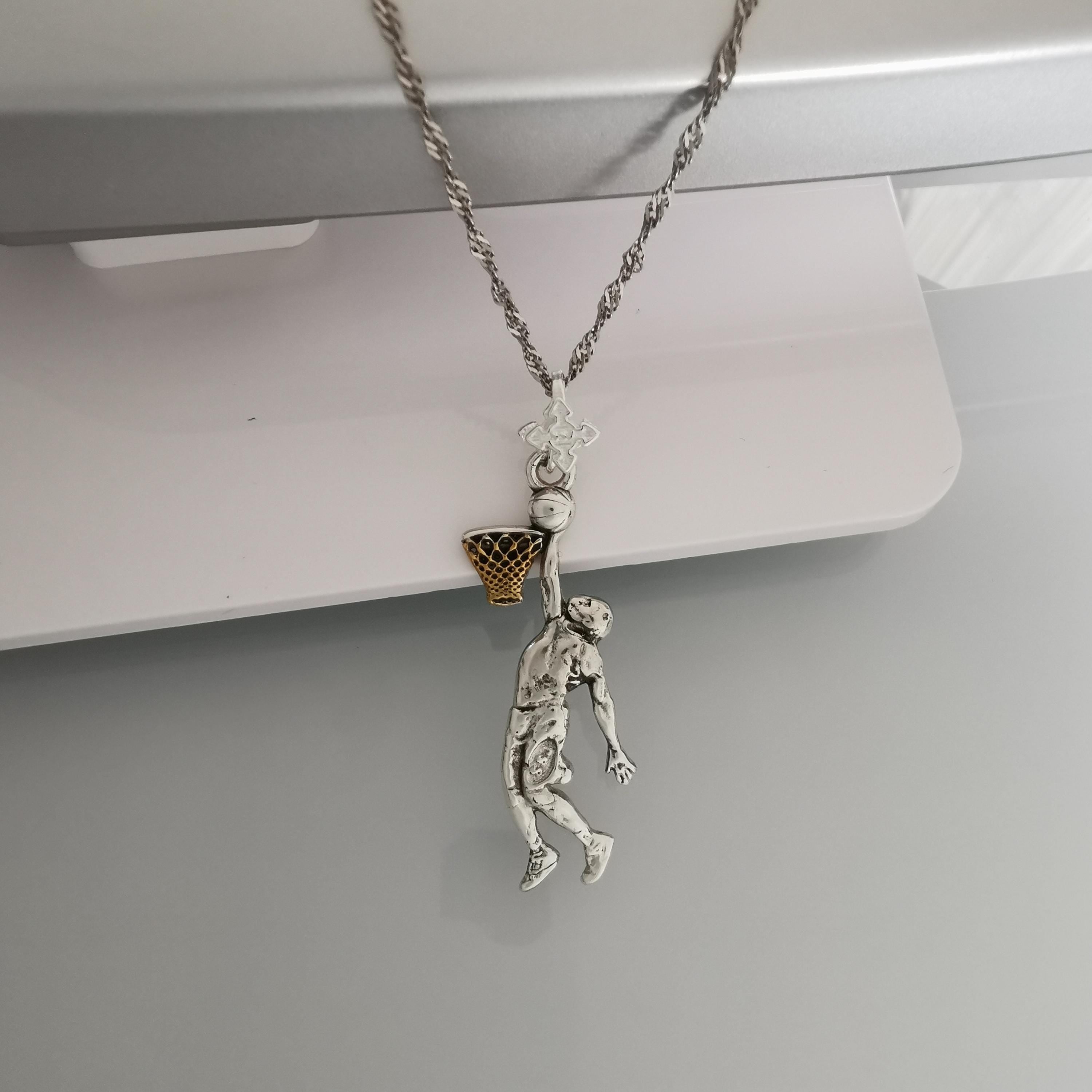 Basketball Dunk Pendant for Men – 925 Silver with Partial Gold Plating Jewelry Gift for Players, Coaches & Fans – Sports Necklace
