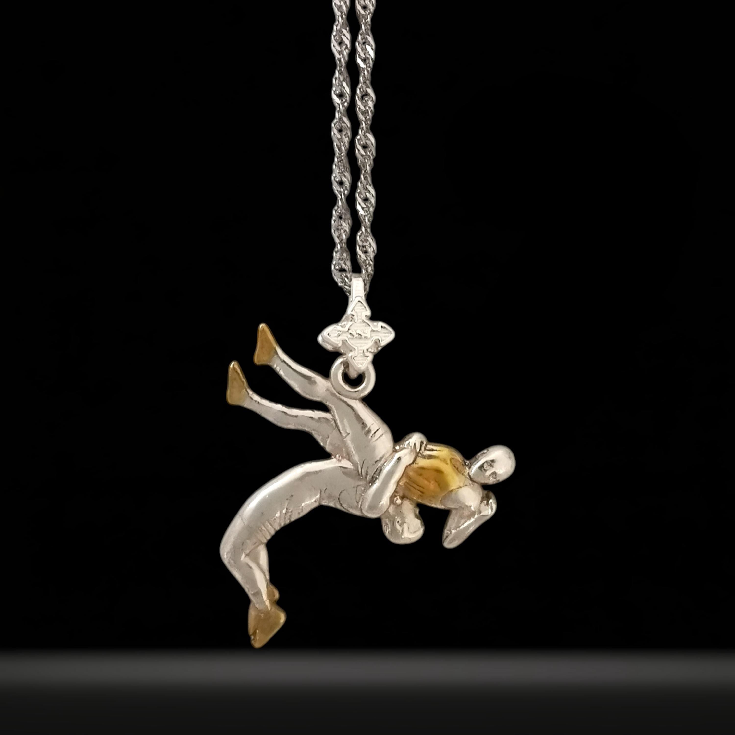 Wrestling Jewelry Pendant for Men – Silver with Partial Gold Plating 925 Gift – Elegant Grappling Accessory for Combat Sport Fans – Necklace