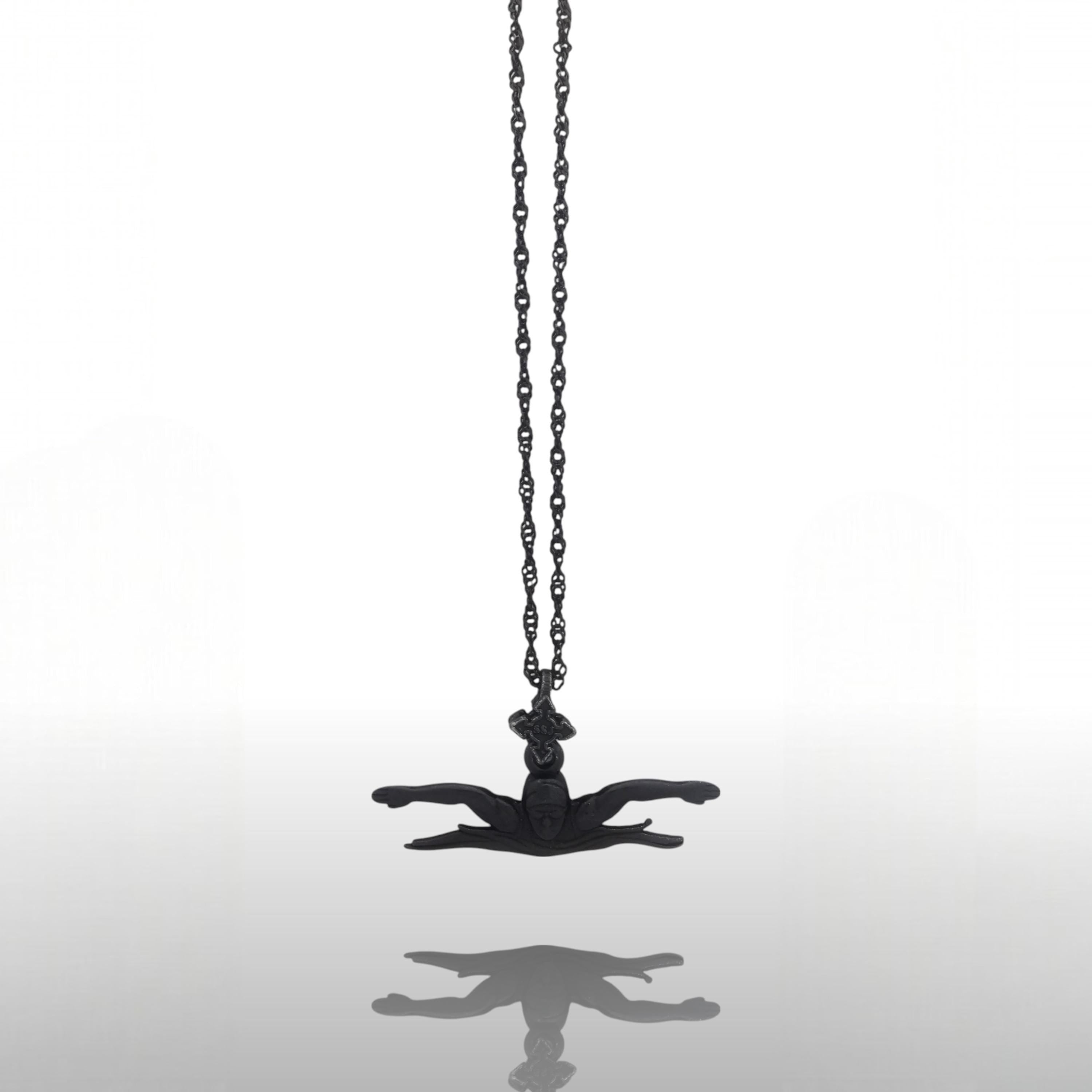 Swimming Jewelry Pendant for Men and Teen Boys – Oxidized Black 925 Silver Gift – Sports Accessory for Butterfly Swimmers – Necklace