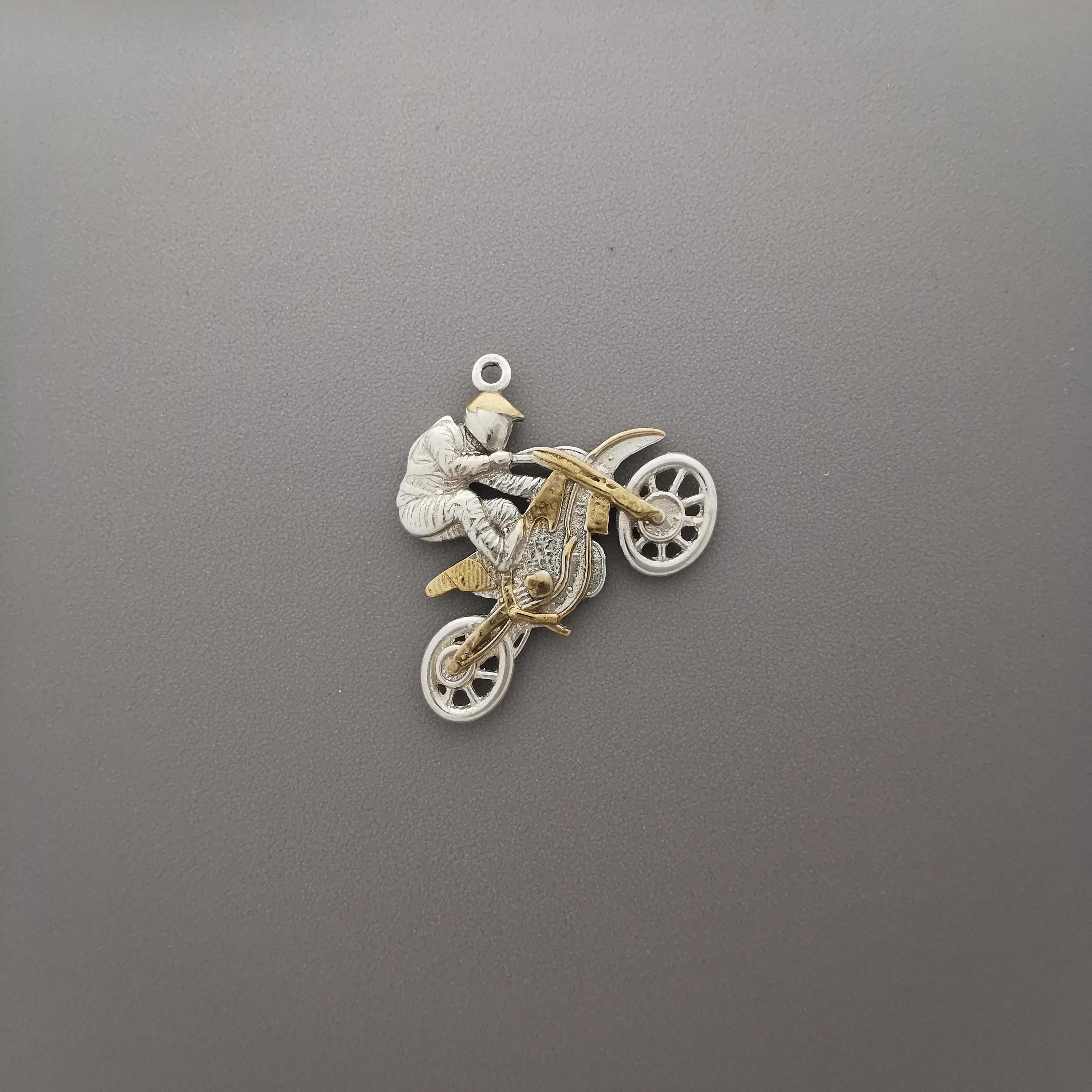 Motocross Jewelry Pendant for Men – Silver with Partial Gold Plating 925 Gift Two-Tone Sports Accessory for Riders and Collectors – Necklace