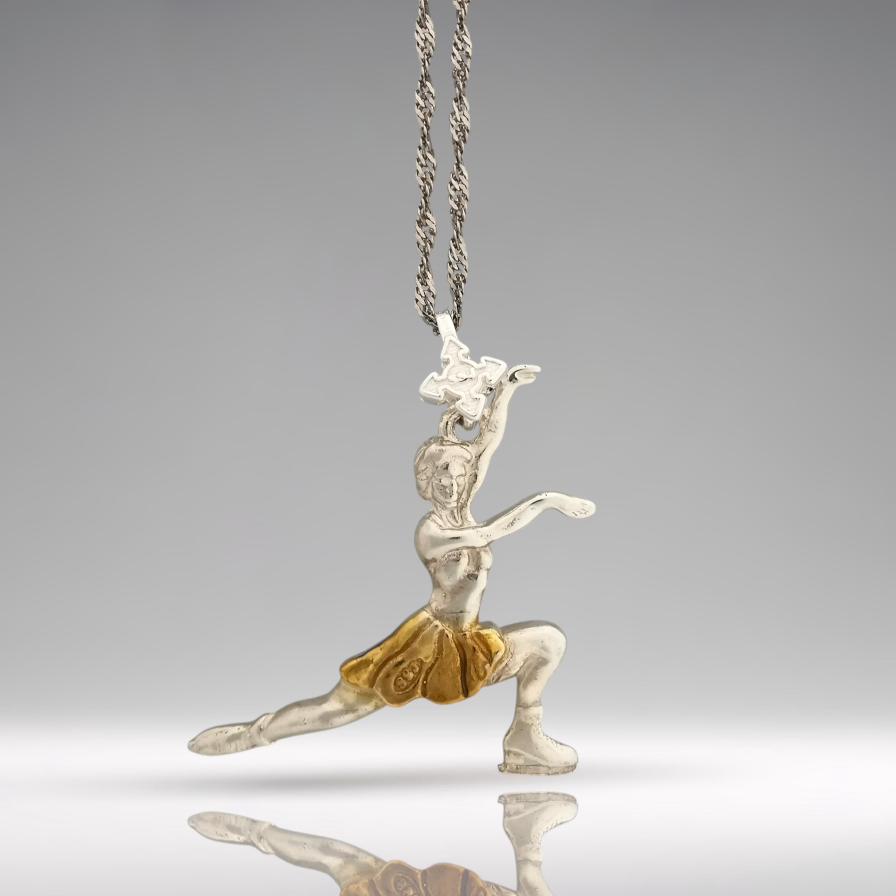 Figure Skating Jewelry Pendant for Women – Silver with Partial Gold Plating 925 Gift – Handcrafted Sports Charm for Skaters Necklace