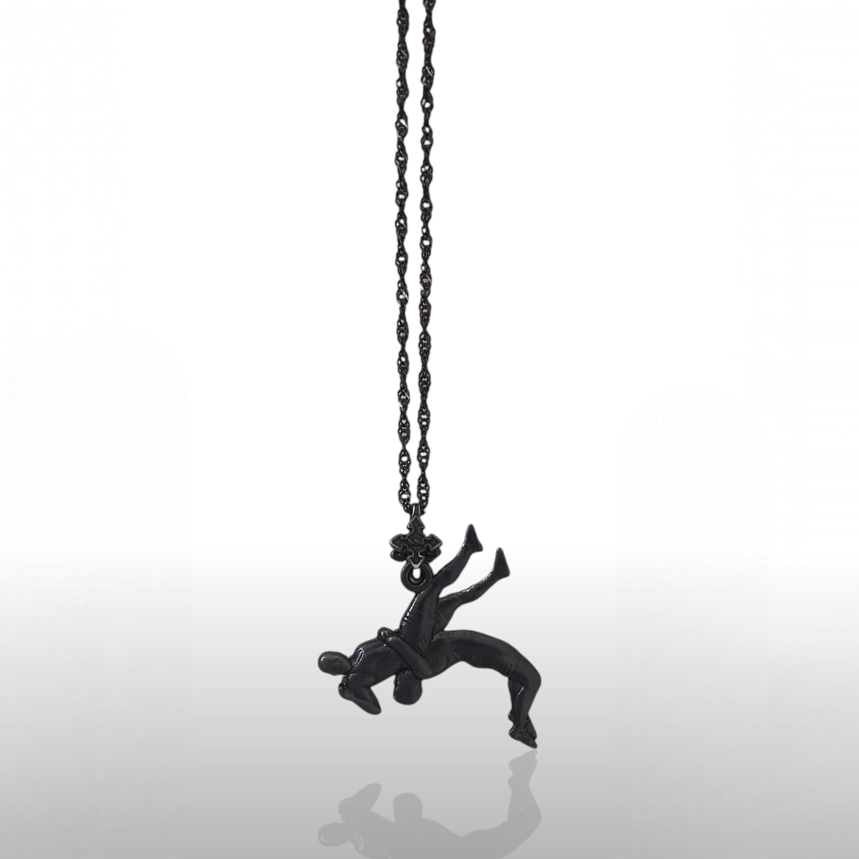 Wrestling Jewelry Pendant for Men – Oxidized Black 925 Silver Gift – Sports Accessory for Wrestlers and Combat Sport Lovers – Necklace