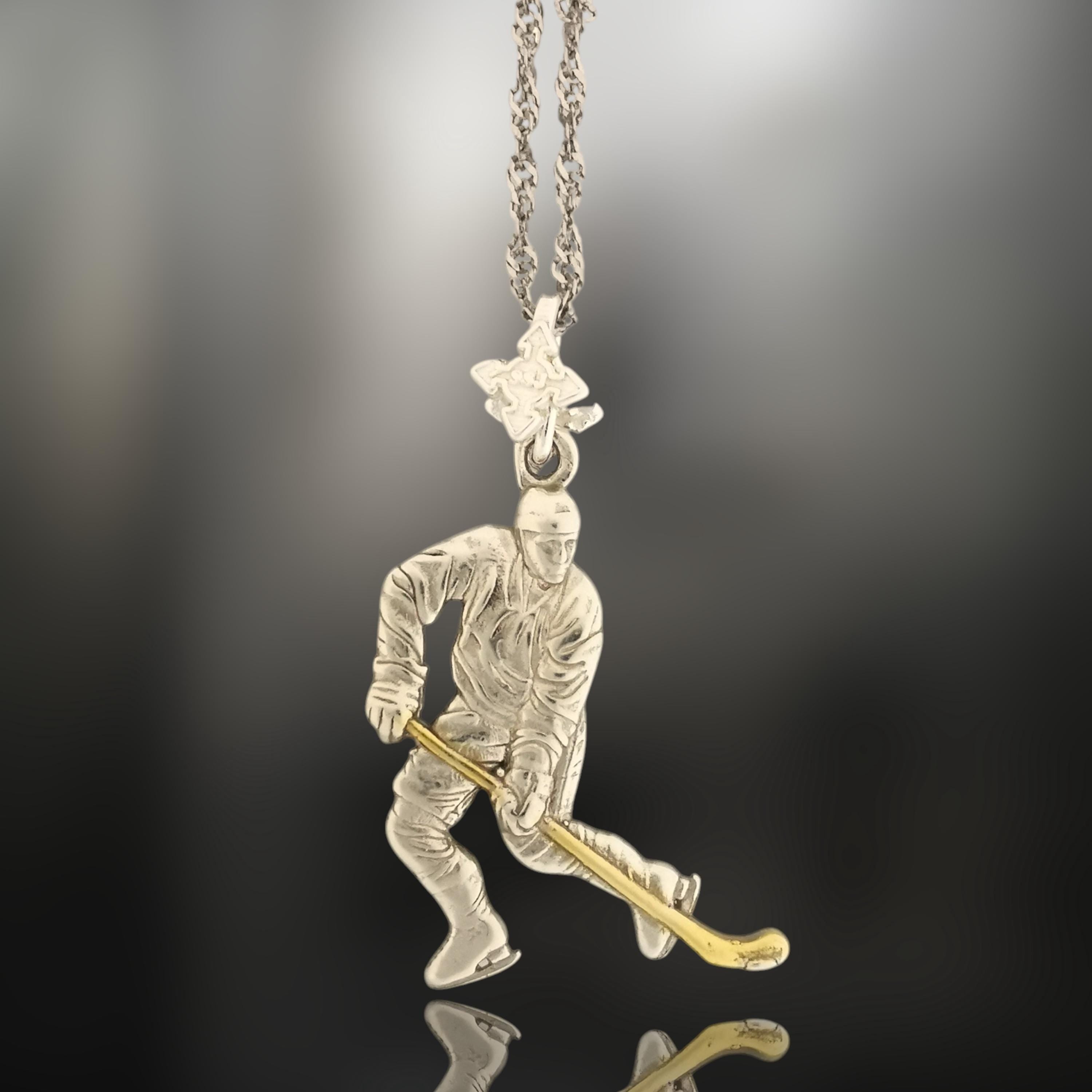Ice Hockey Jewelry Pendant for Men – 925 Silver with Partial Gold Plating Gift Handcrafted Sports Accessory for Players and Coaches Necklace