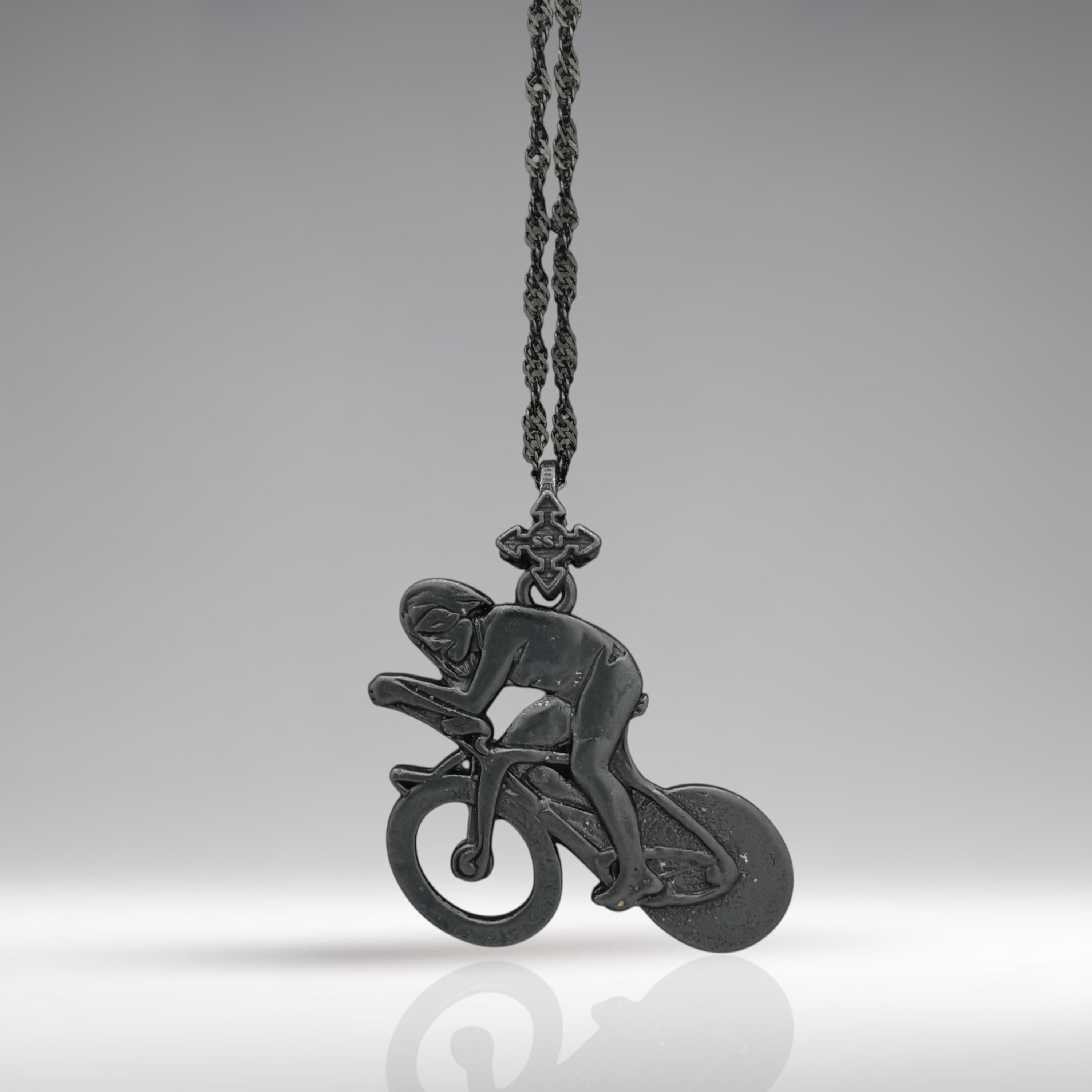 Cycling Jewelry Pendant for Men – Oxidized Black 925 Silver Gift – Sports Accessory for Road Bikers and Active Riders – Necklace