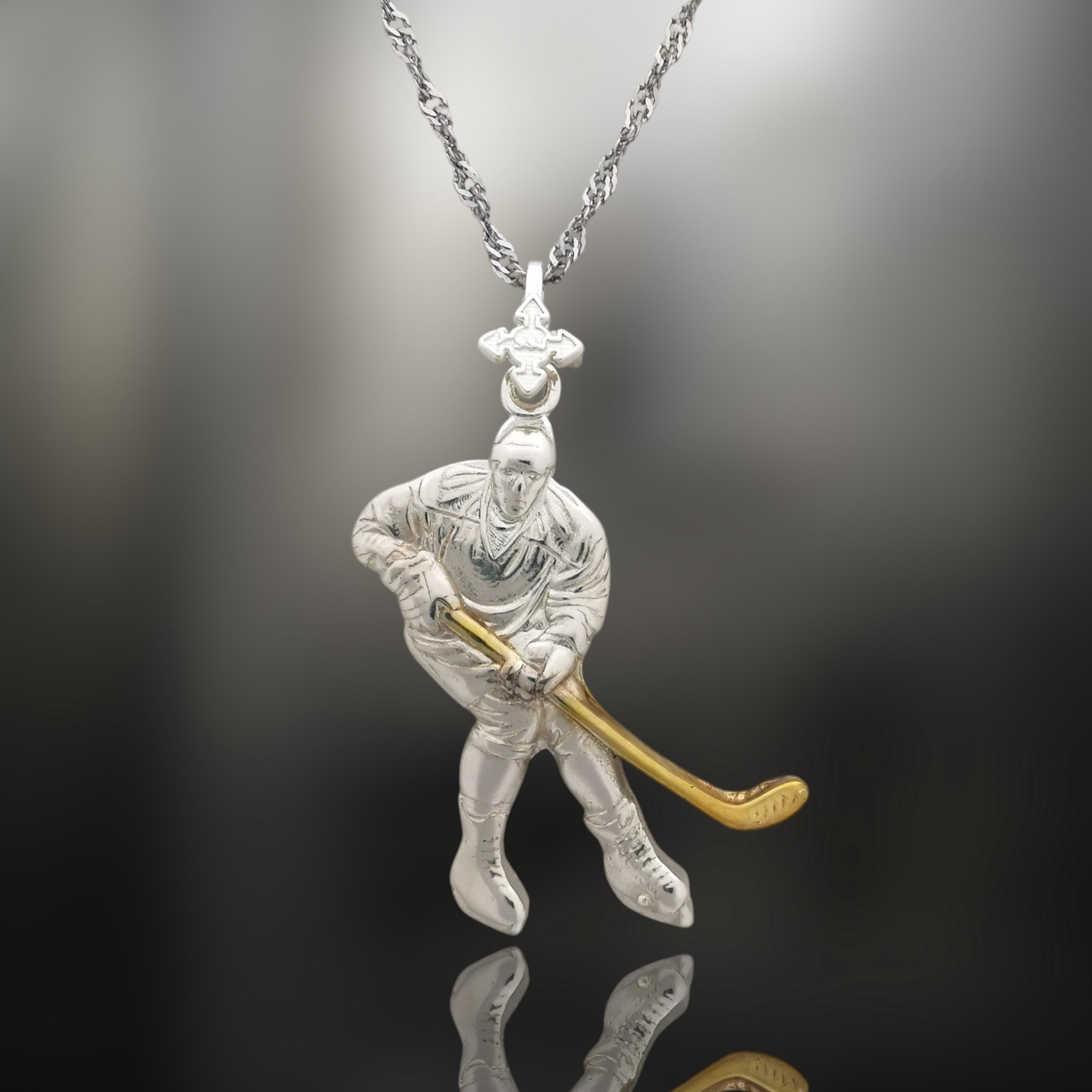Ice Hockey Jewelry Pendant for Men – 925 Silver with Partial Gold Plating – Handcrafted Sport Charm for Players – Necklace
