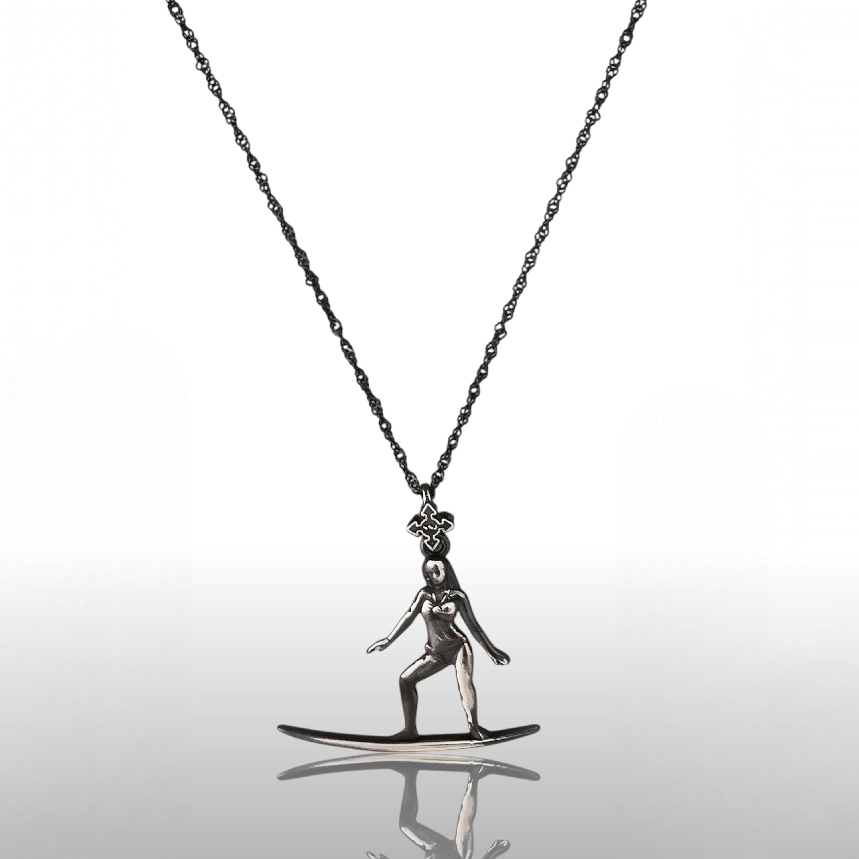 Surf Girl Necklace – Vintage Style 925 Silver Pendant – Retro Ocean Jewelry Gift for Surfers and Coastal Dreamers